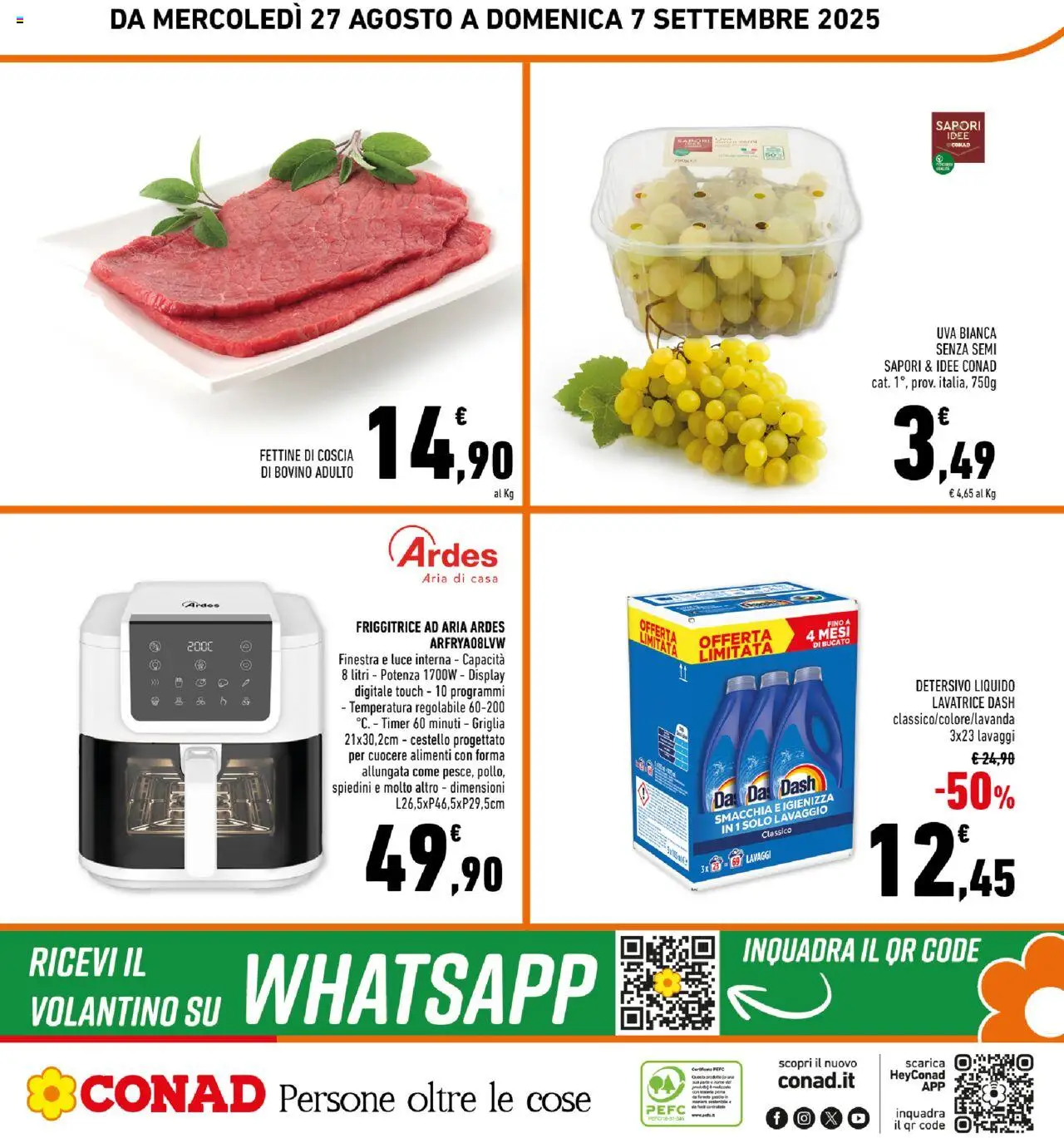 Volantino Conad del 27.08.2025 | Pagina: 32 | Prodotti: Bovino, Friggitrice ad aria, Lavatrice, Spiedini