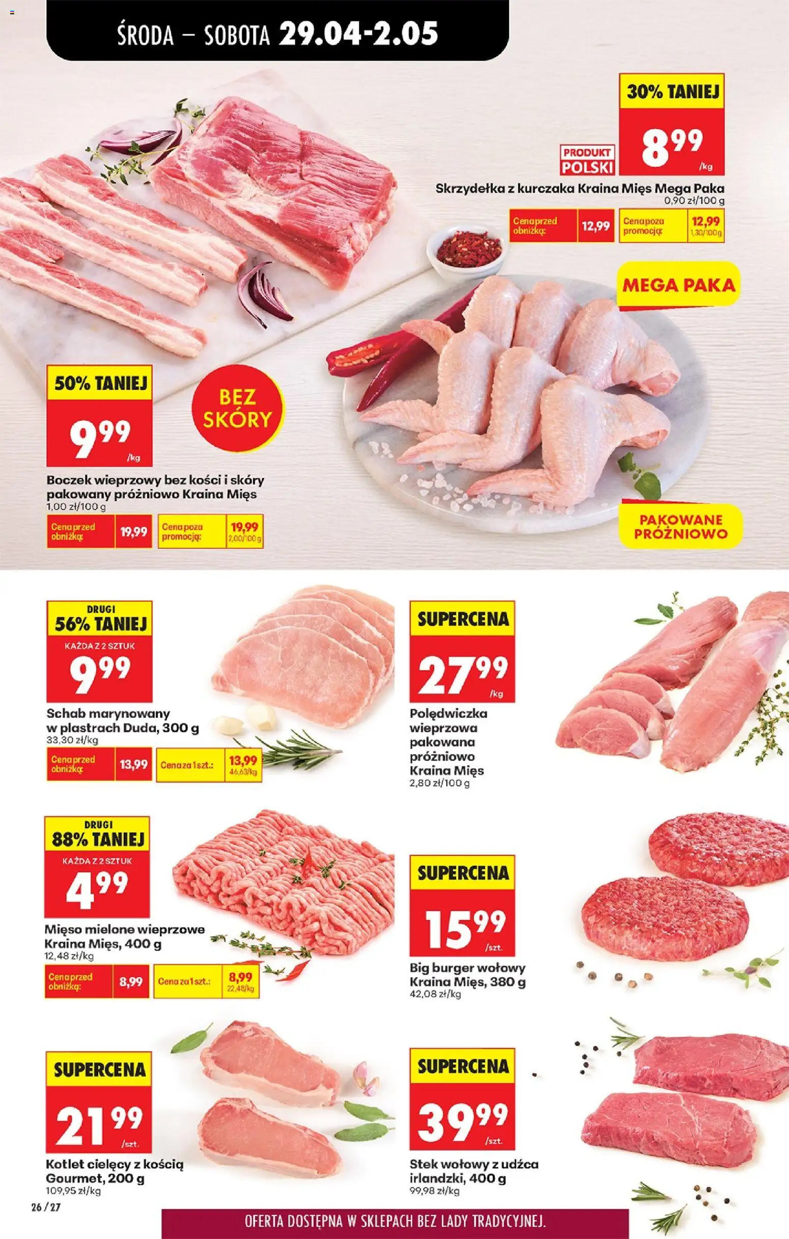 Biedronka gazetka od środy od 29.04.2026 | Strona: 42 | Produkty: Skrzydełka z kurczaka, Burger wołowy, Mięso mielone, Boczek