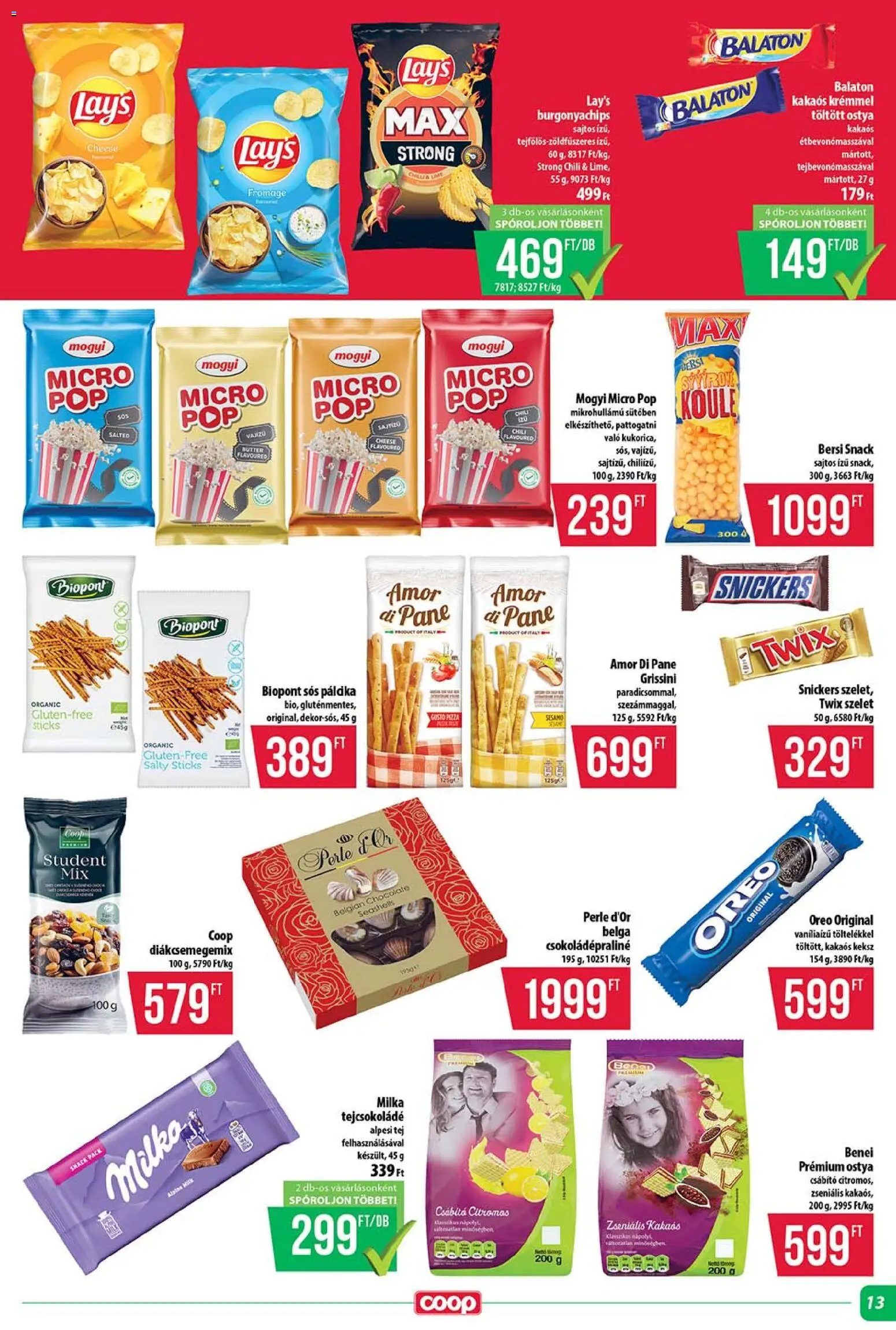 COOP akciós ujság - amely érvényes a következő dátumtól: 16.04.2026 | Oldal: 13 | Termékek: Tejcsokoládé, Snickers, Tej, Keksz