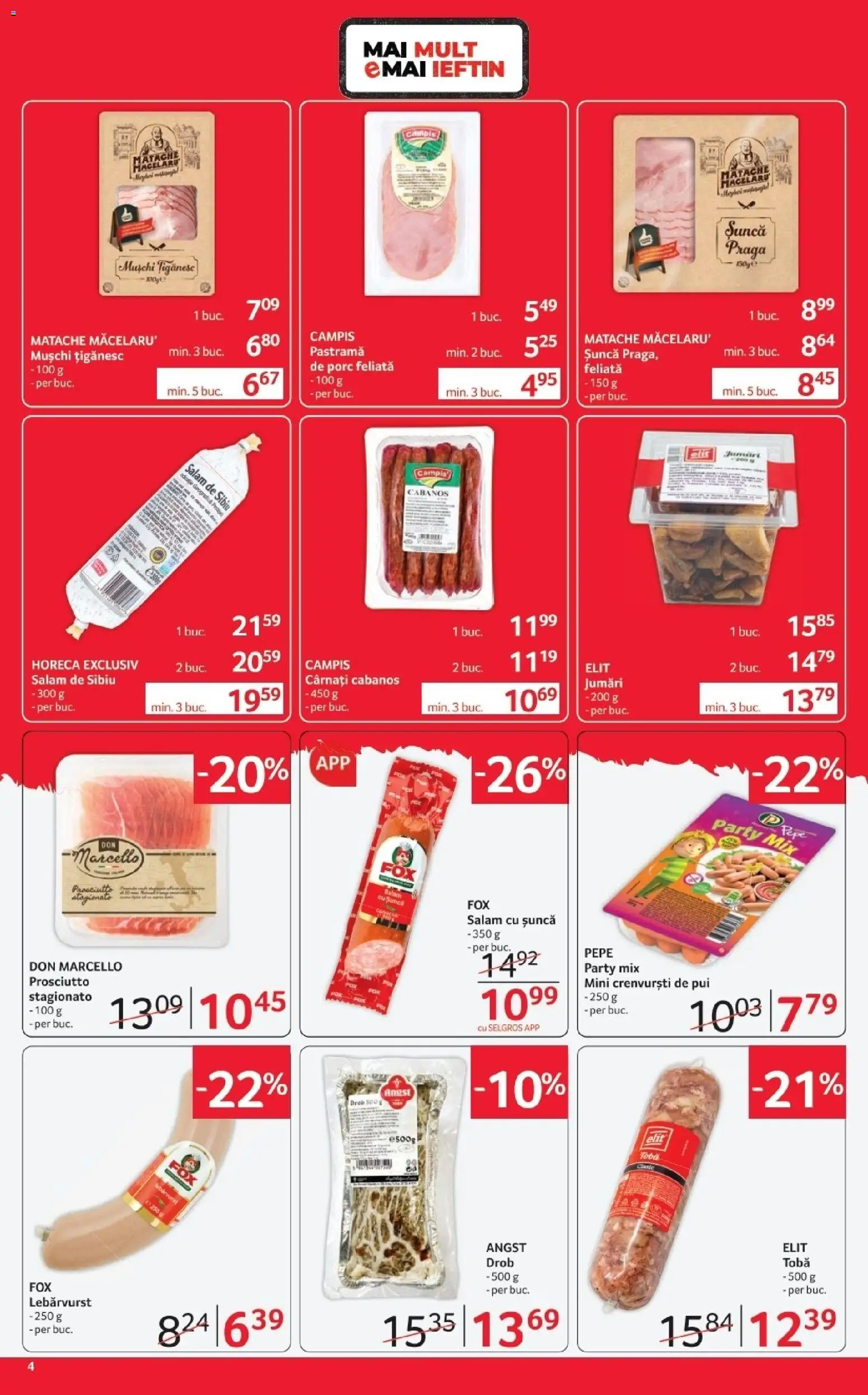 Noul catalog Selgros – valabil de la 03.04.2026 | Pagină: 4 | Produse: Hacıyatmaz Kedi Oyuncağı, Salam, Șuncă, Cârnați