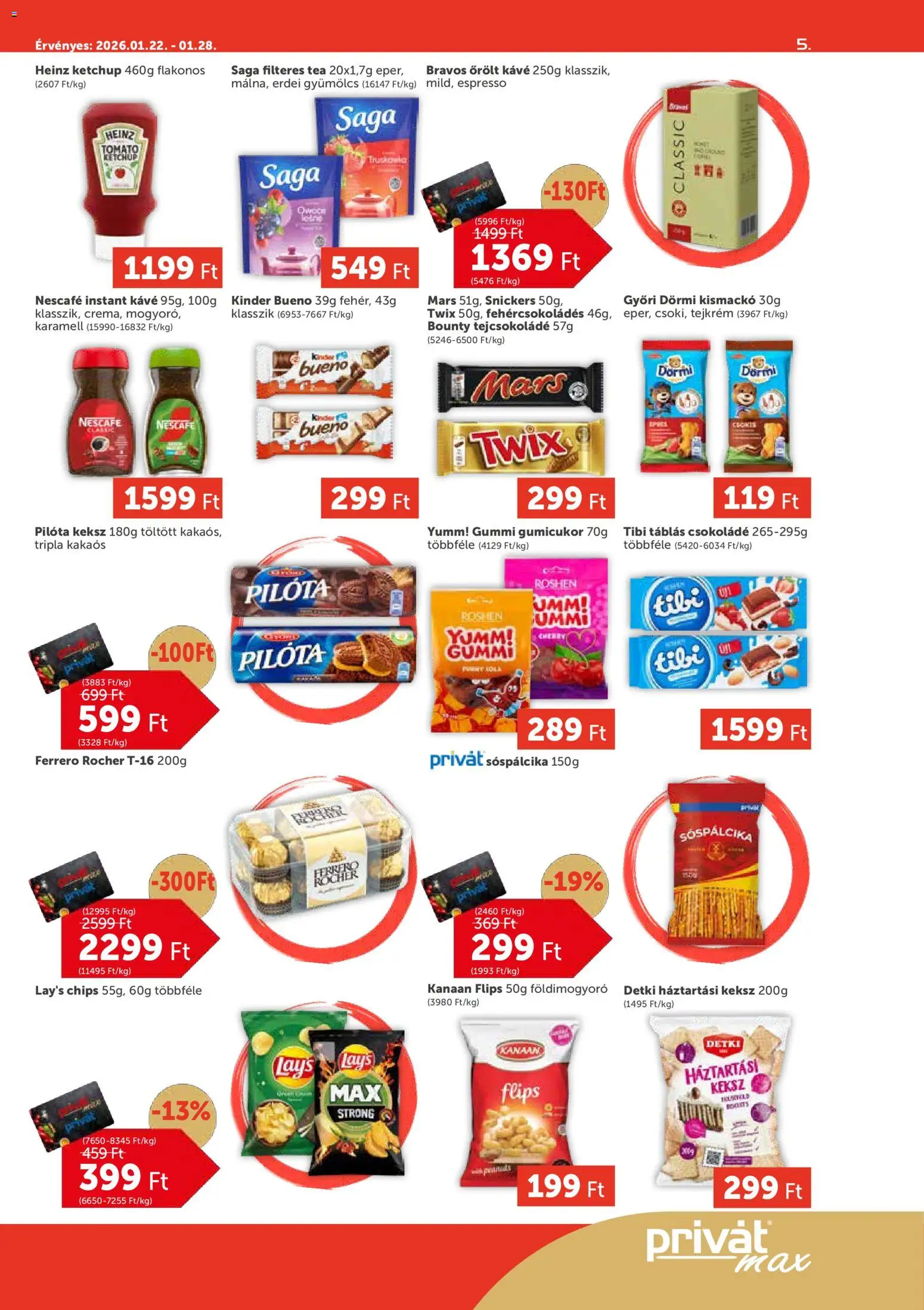 PRIVÁT akciós ujság - amely érvényes a következő dátumtól: 22.01.2026 | Oldal: 5 | Termékek: Ferrero rocher, Kávé, Csokoládé, Keksz