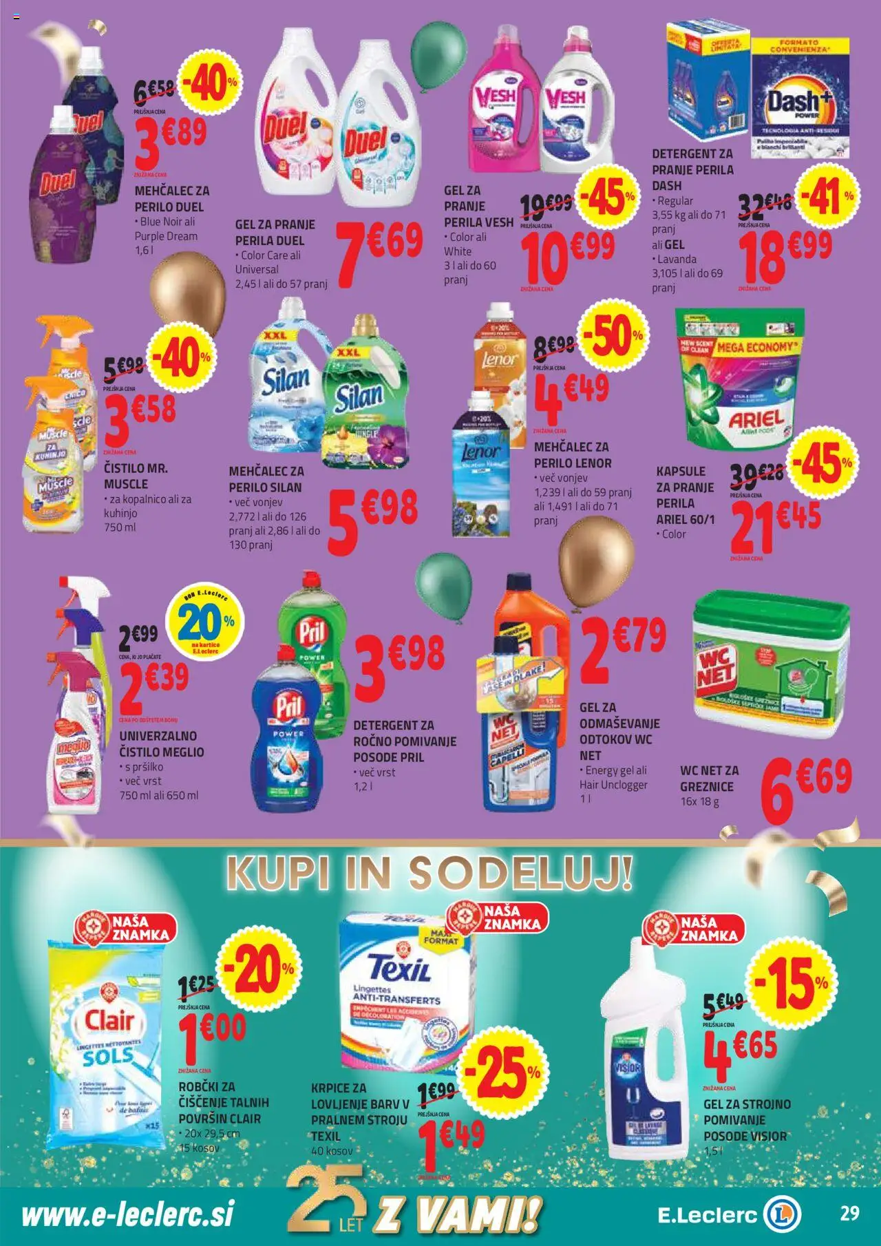 Novi E.leclerc katalog ponudbe – veljaven od 22.10.2025 | Stran: 29 | Izdelki: Mehčalec, Robčki, Mehcalec za perilo, Detergent