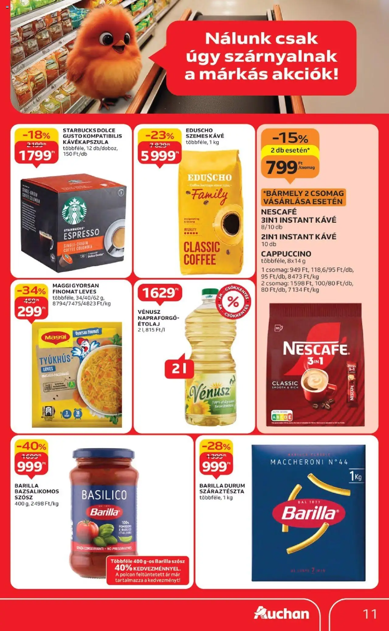 Auchan akciós ujság - amely érvényes a következő dátumtól: 18.09.2025 | Oldal: 11 | Termékek: Nescafé, Étolaj, Cappuccino, Szósz