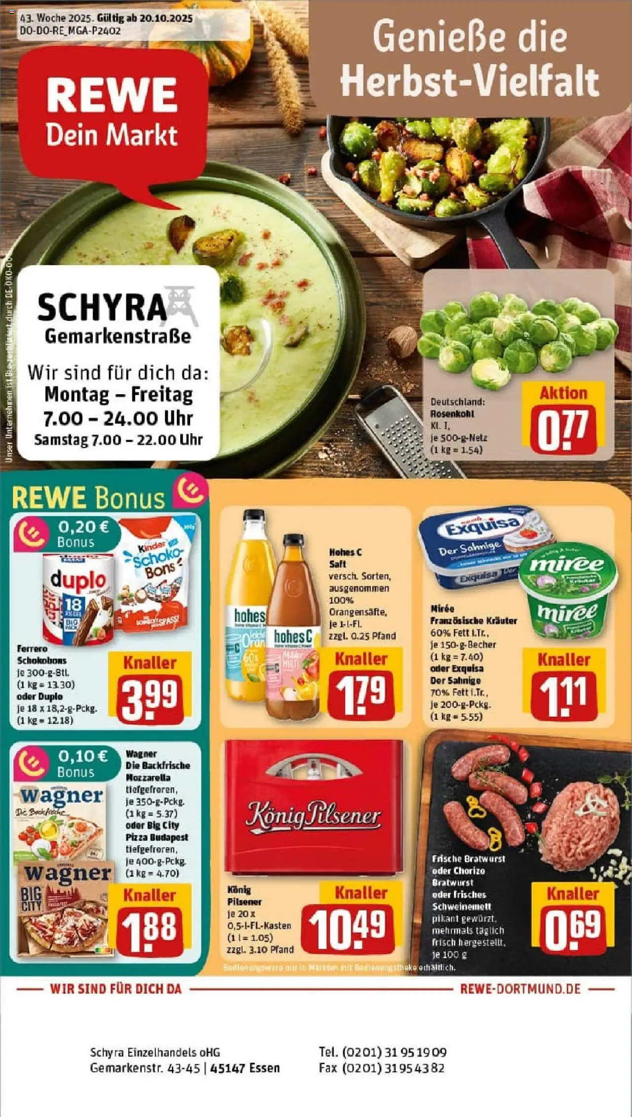 Rewe prospekt Essen	 – gültig ab 19.10.2025 | Seite: 1 | Produkte: Konig pilsener, Bratwurst, Exquisa, Hohes c