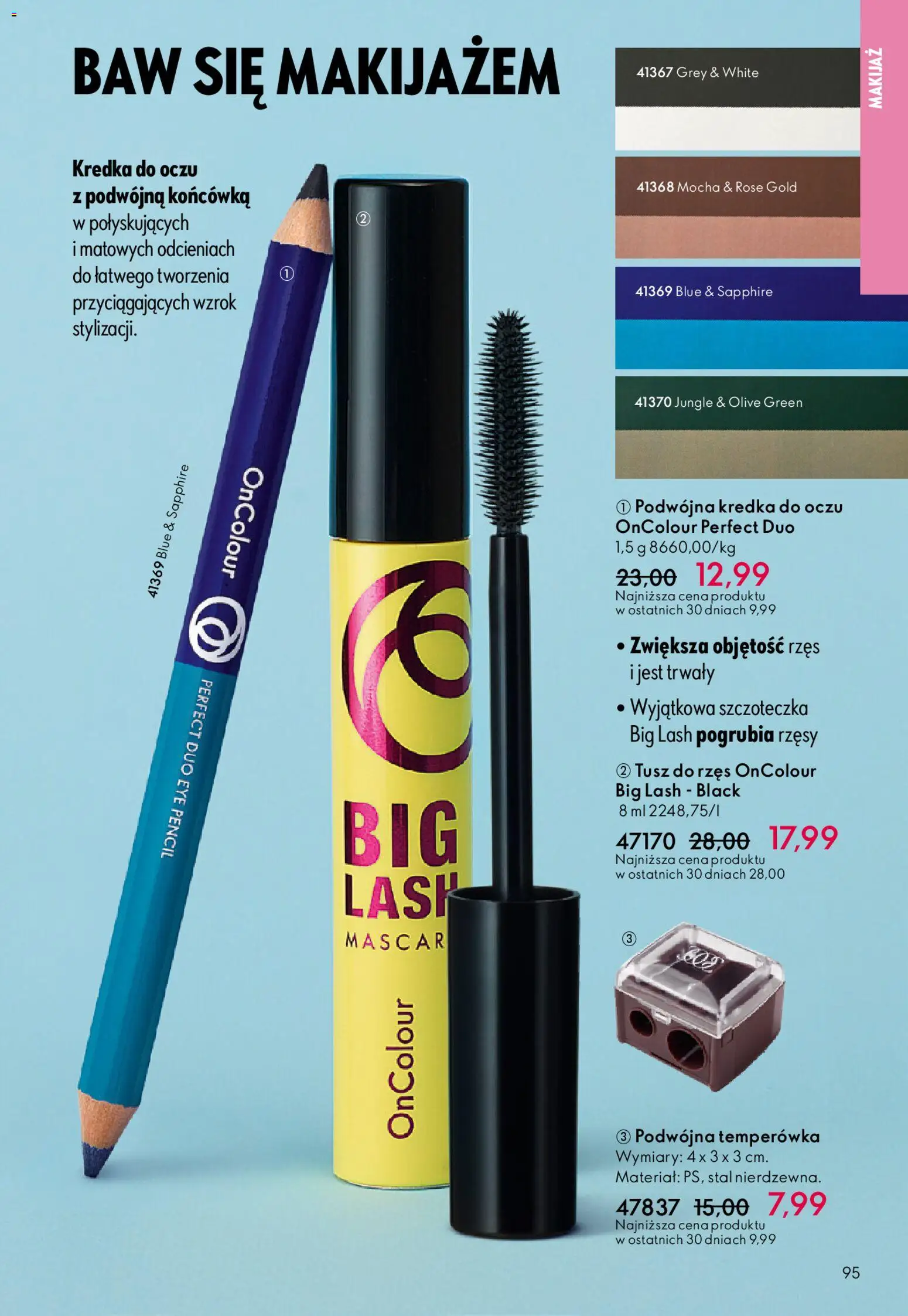 Oriflame Katalog 7 2026 od 06.05.2026 | Strona: 95 | Produkty: Temperówka, Makijaż, Tusz do rzęs, Kredka do oczu