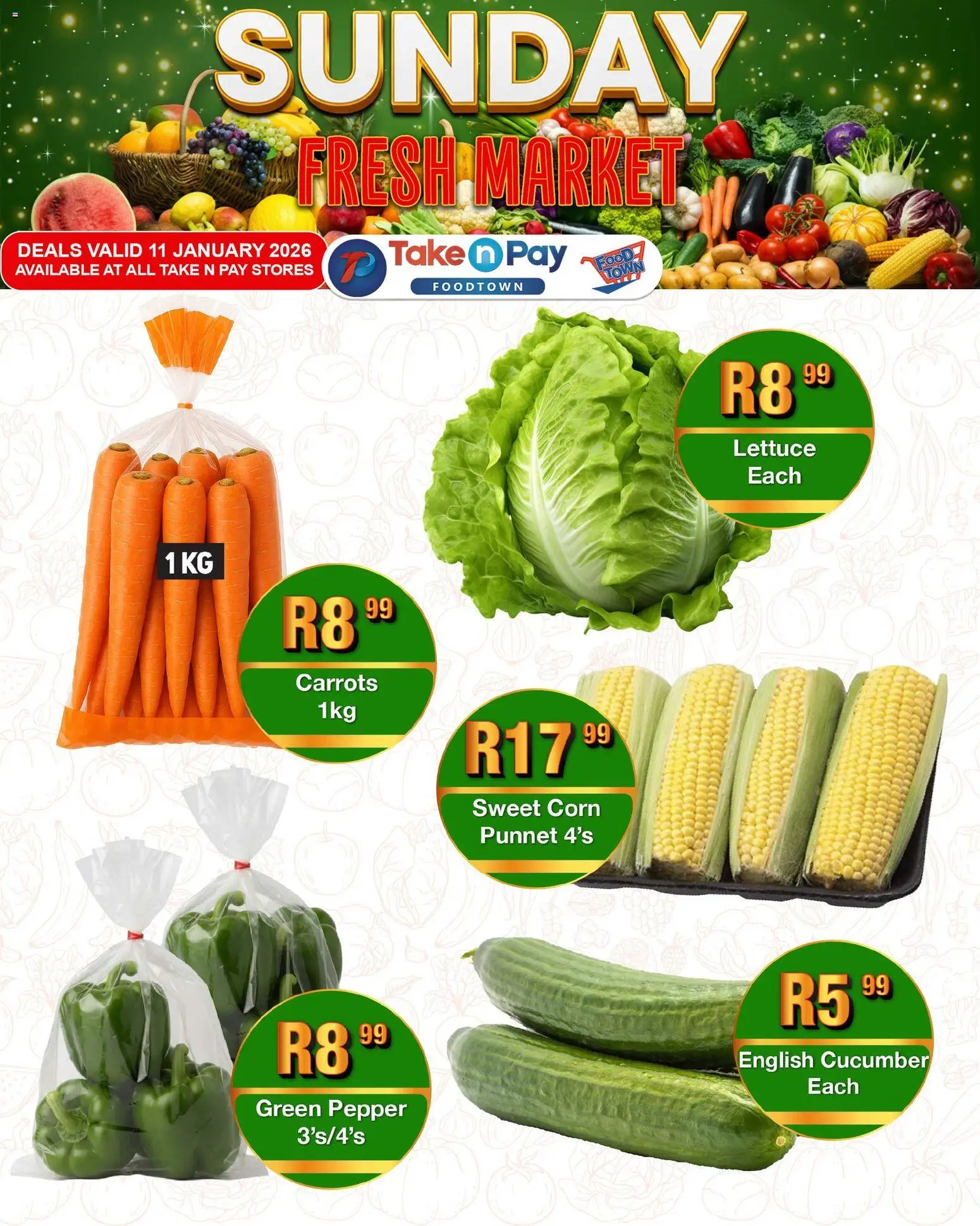 New Take n Pay catalogue – valid from 11.01.2026 | Page: 5 | Products: Corn, Carrots, Pepper, Lettuce