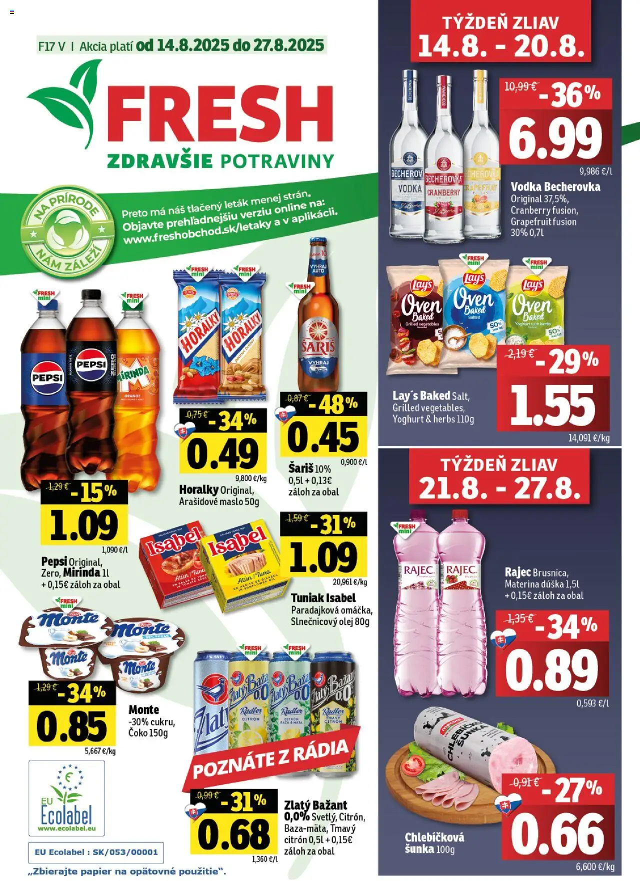 Fresh Východné Slovensko │ platný od 14.08.2025 | Strana: 1 | Produkty: Tuniak, Rajec, Mirinda, Horálky