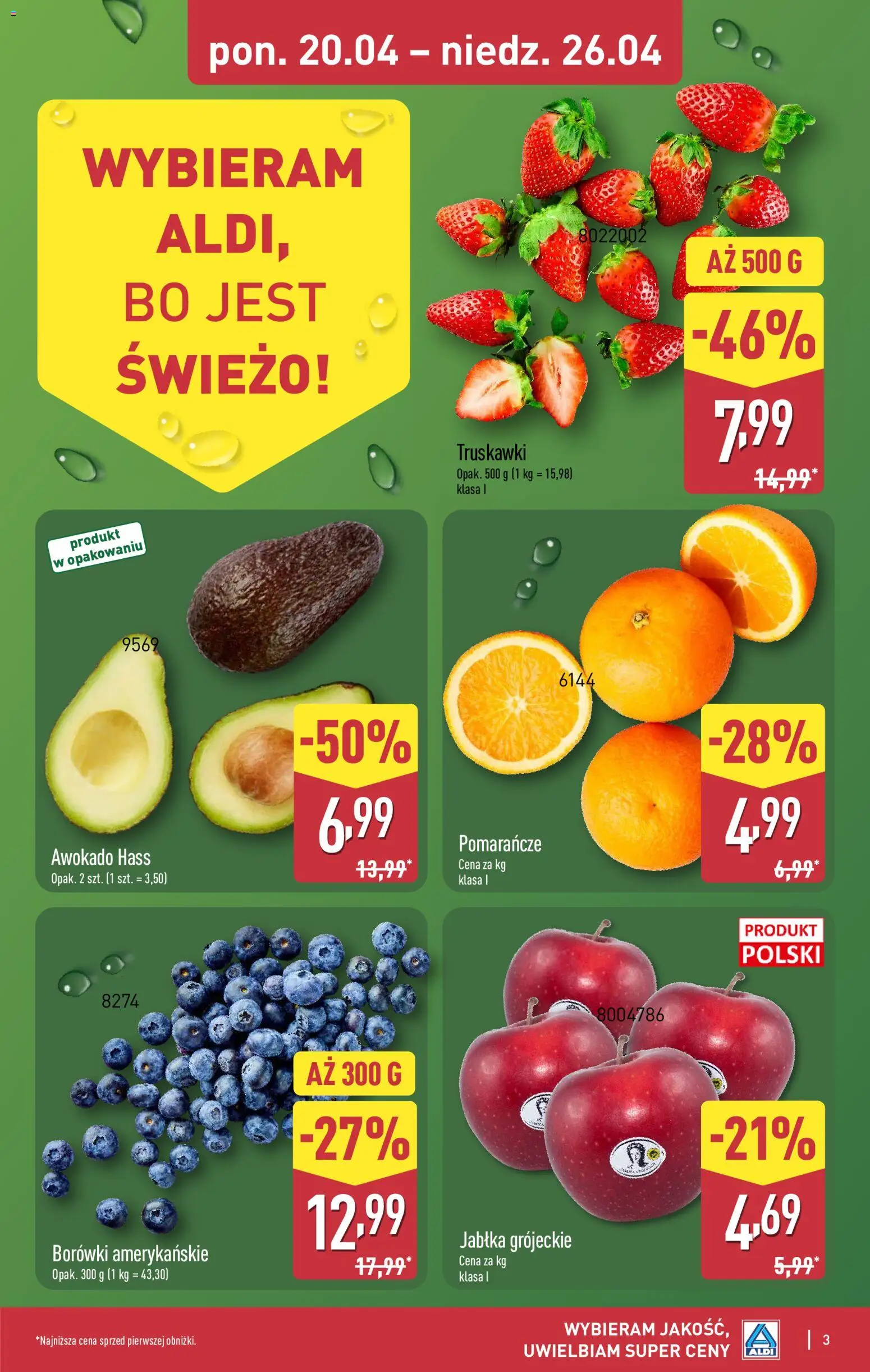 Aldi gazetka od 20.04.2026 | Strona: 3 | Produkty: Jabłka, Pomarańcze, Truskawki, Awokado