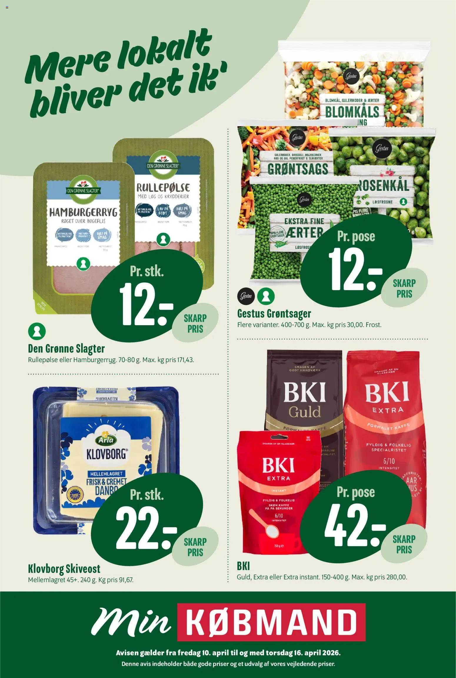 Min Købmand tilbudsavis – gyldig fra 10.04.2026 | Side: 1 | Produkter: Rullepølse, Skiveost, Hamburgerryg, Peberfrugt
