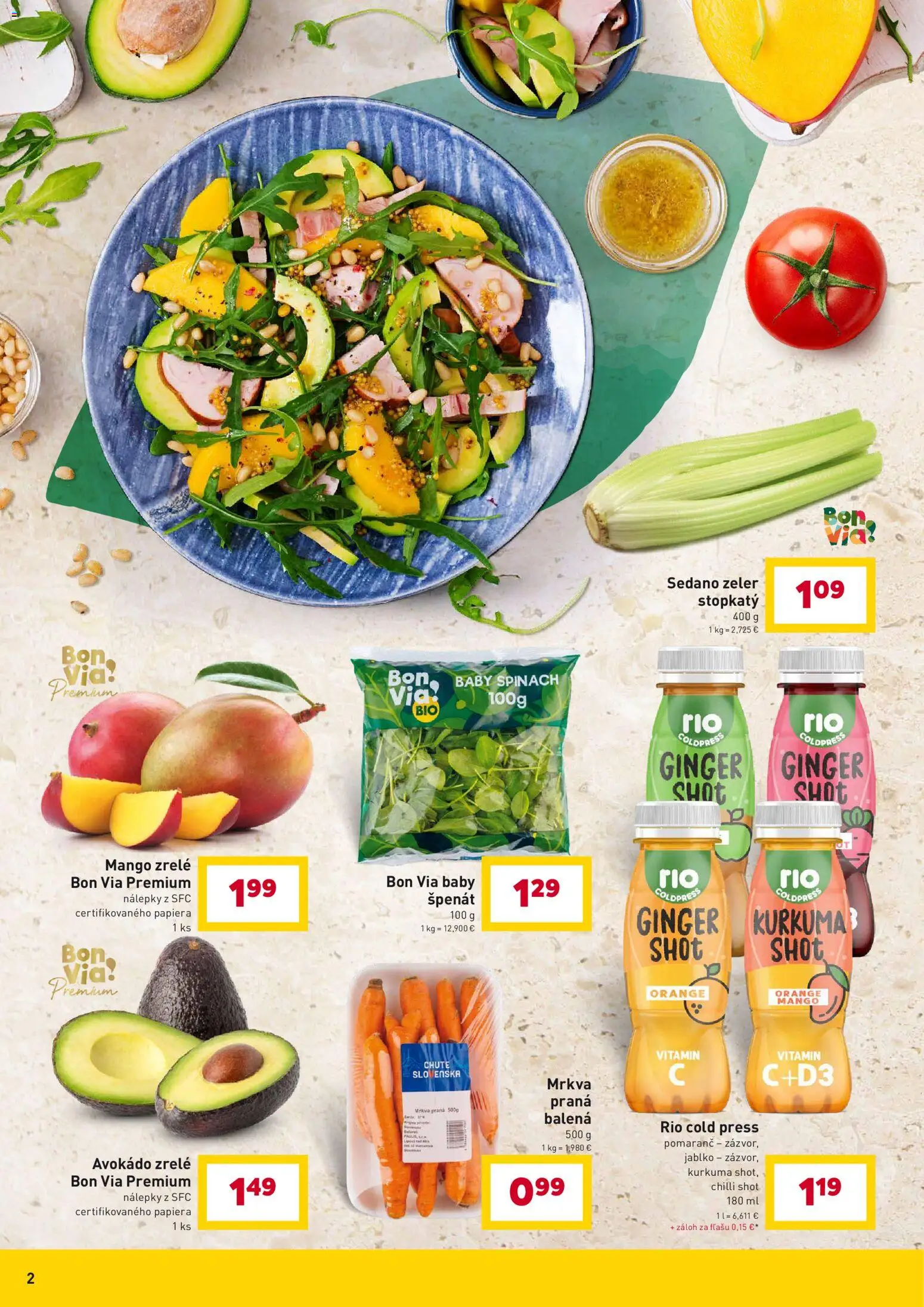 Nové Billa akcie – leták je platný od 07.04.2026 | Strana: 2 | Produkty: Mrkva, Avokádo, Mango, Zeler