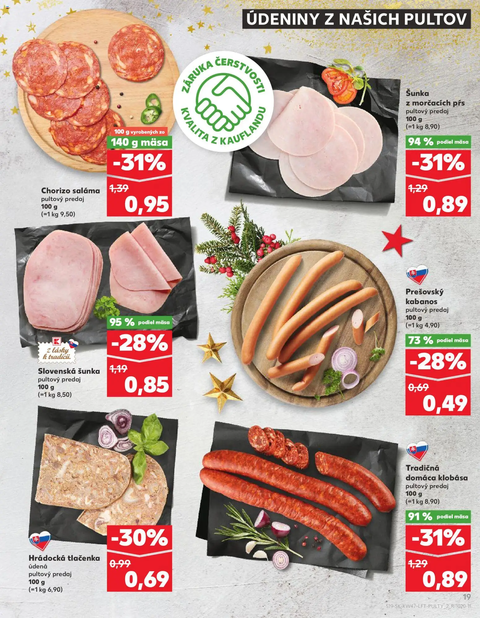 Nové Kaufland akcie – leták je platný od 20.11.2025 | Strana: 19 | Produkty: Saláma, Šunka, Klobása