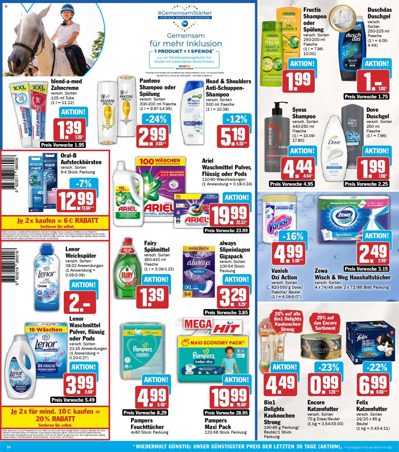 HIT Prospekt 	 – gültig ab 27.04.2026 | Seite: 14 | Produkte: Lenor, Pampers, Shampoo, Weichspüler