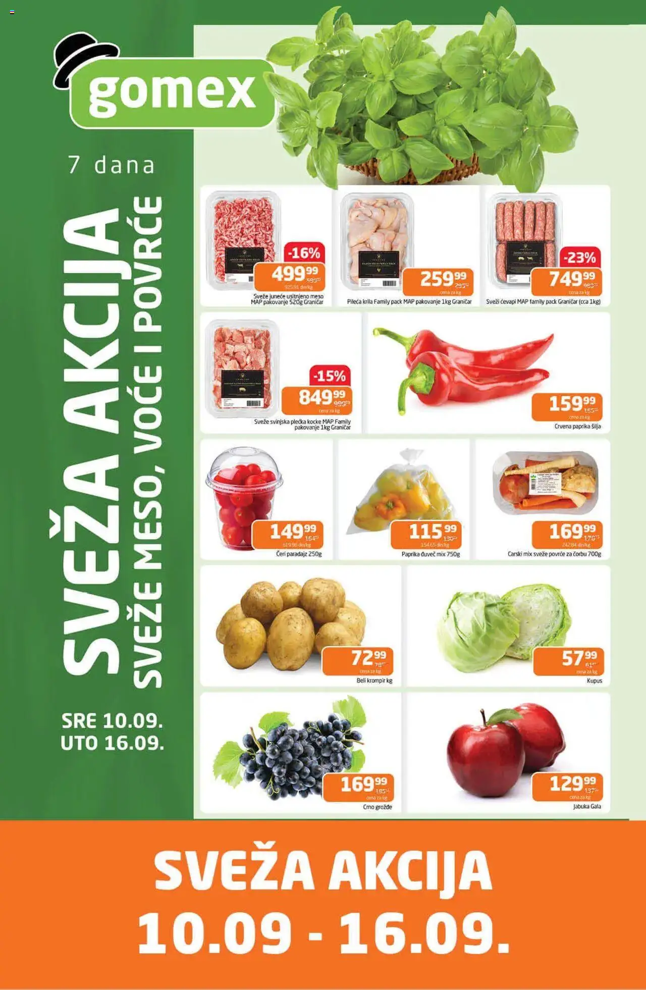 Gomex katalog - važi od 10.09.2025 | Strana: 1 | Proizvode: Paprika, Pakovanje, Beli krompir, Svinjska plećka