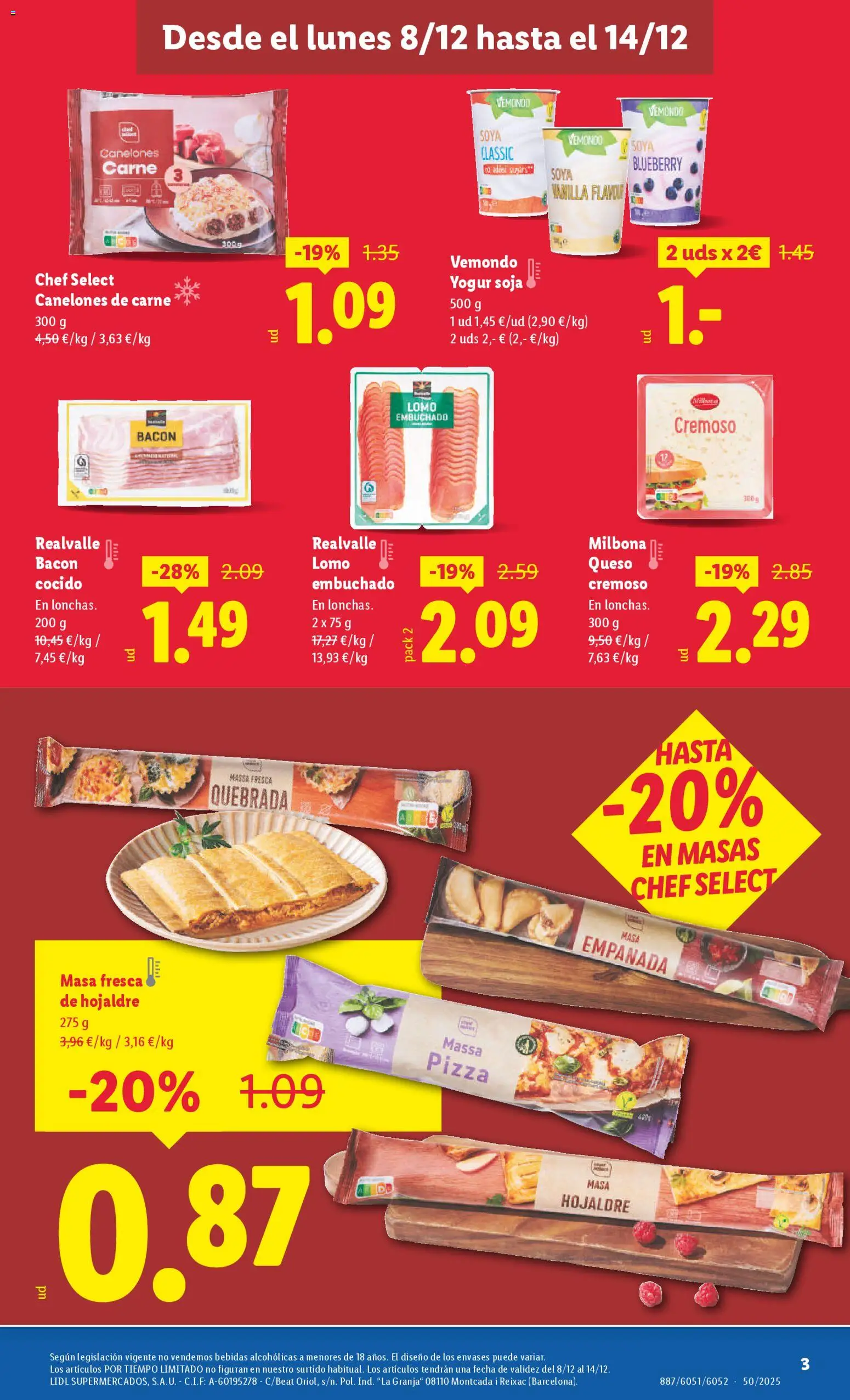 Lidl - Parque Comercial Taralpe │ válido desde el 08.12.2025 | Página: 3 | Productos: Queso, Yogur, Pizza, Canelones