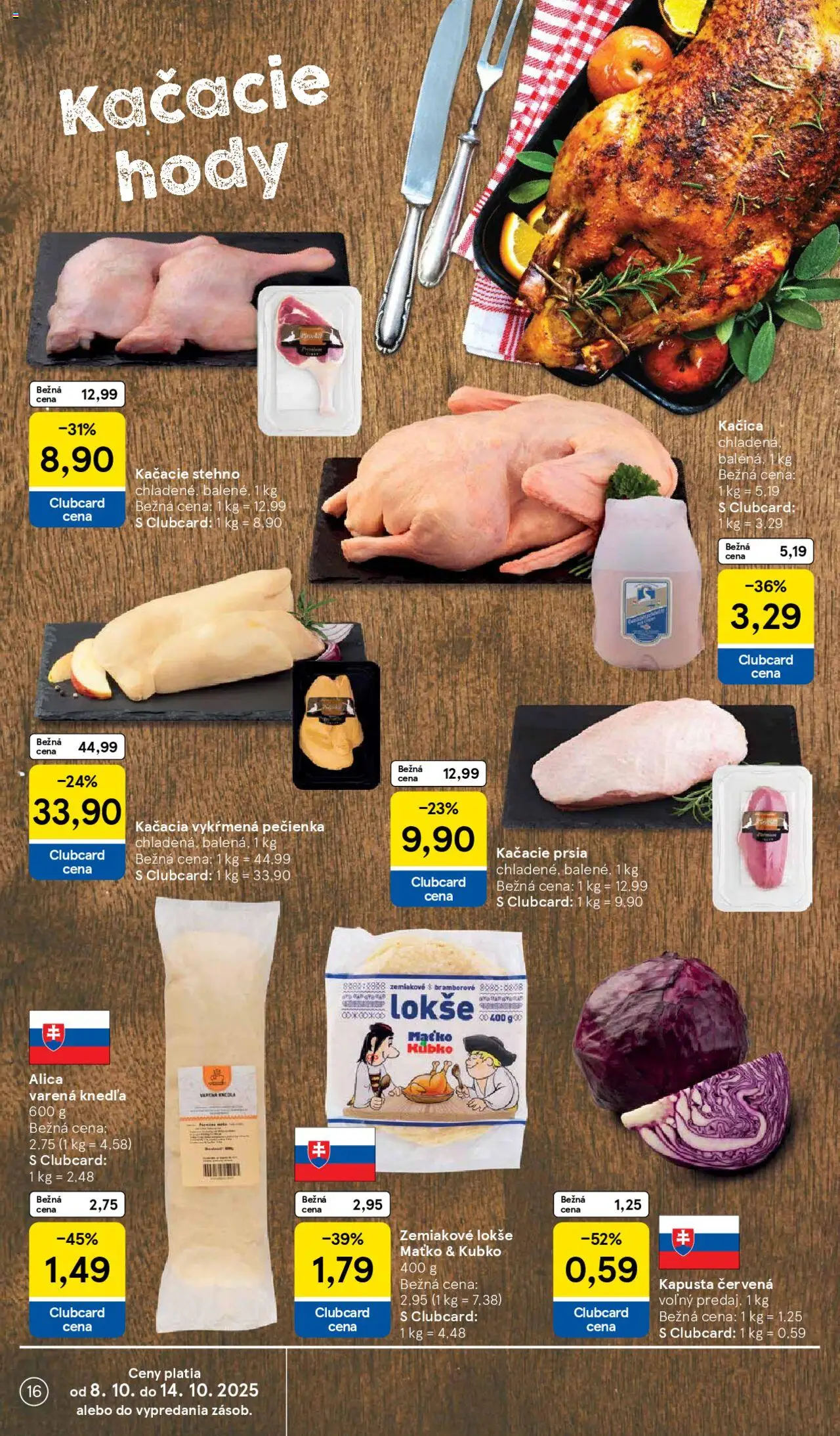 Nové Tesco akcie – leták je platný od 08.10.2025 | Strana: 16 | Produkty: Kapusta, Kačacie prsia, Kapusta červená, Kačica