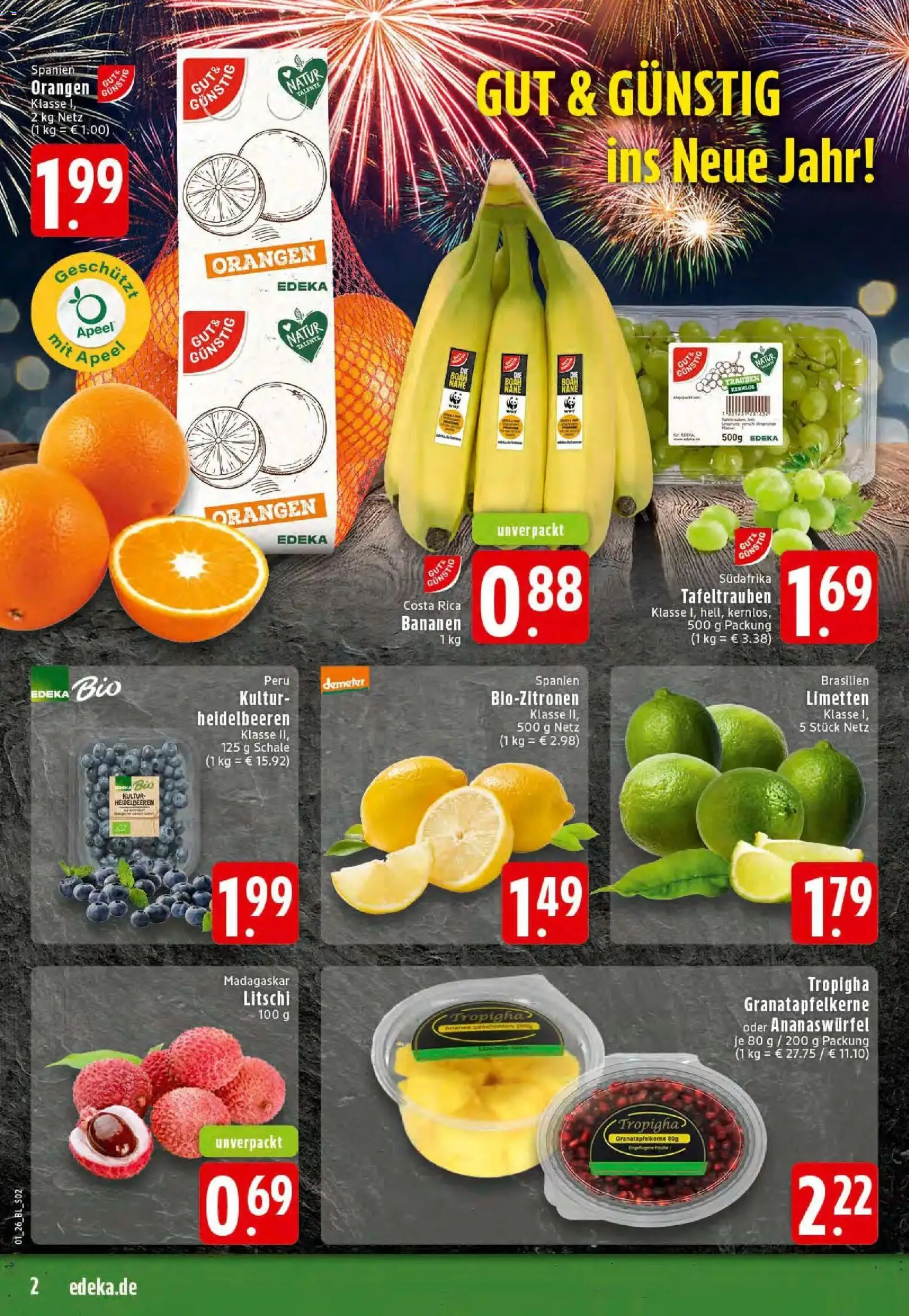 Edeka prospekt Reken-Bahnhof	 – gültig ab 28.12.2025 | Seite: 2 | Produkte: Limetten, Trauben, Bananen, Orangen