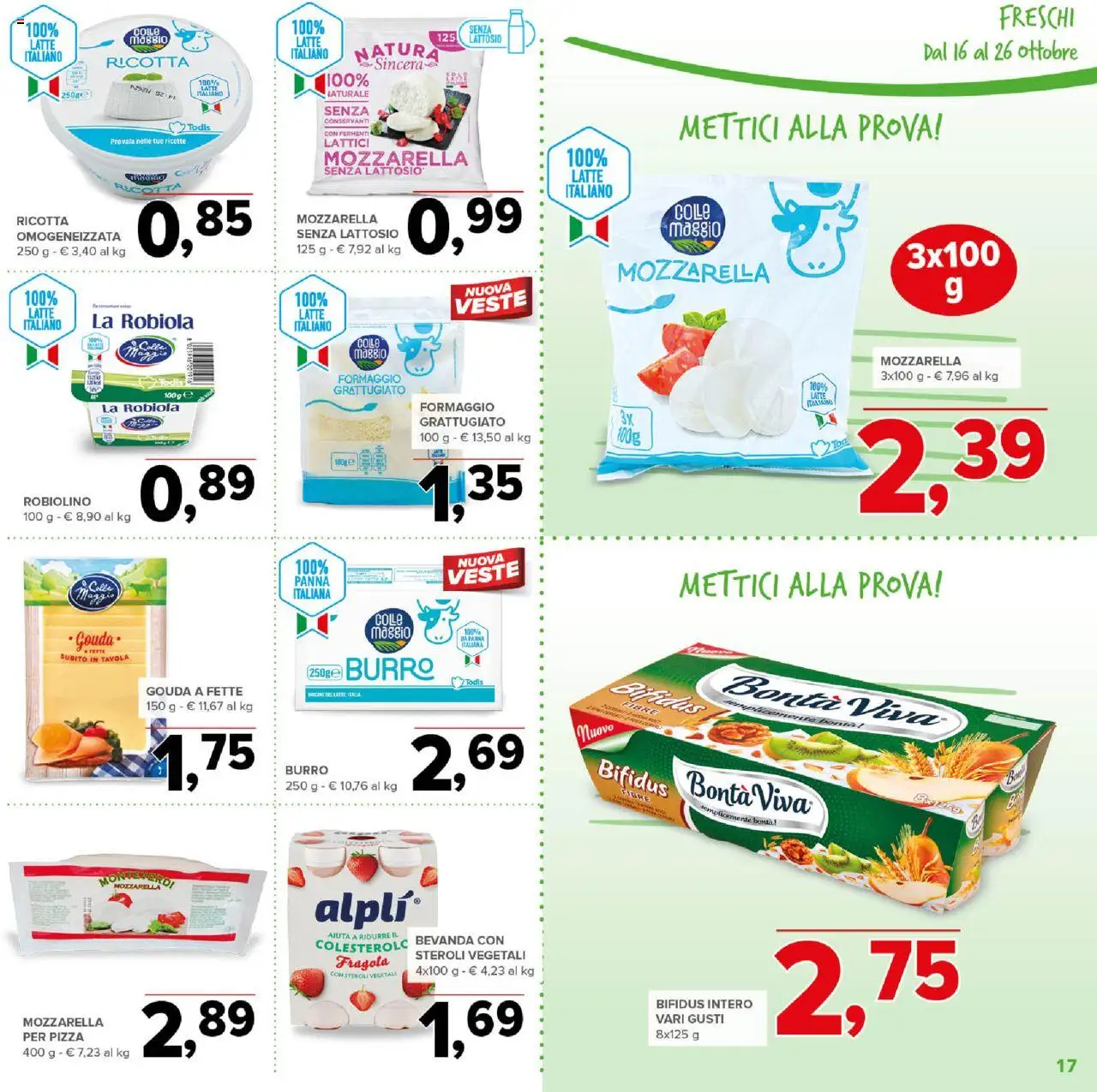 Volantino Todis del 16.10.2025 | Pagina: 17 | Prodotti: Panna, Latte, Burro, Ricotta