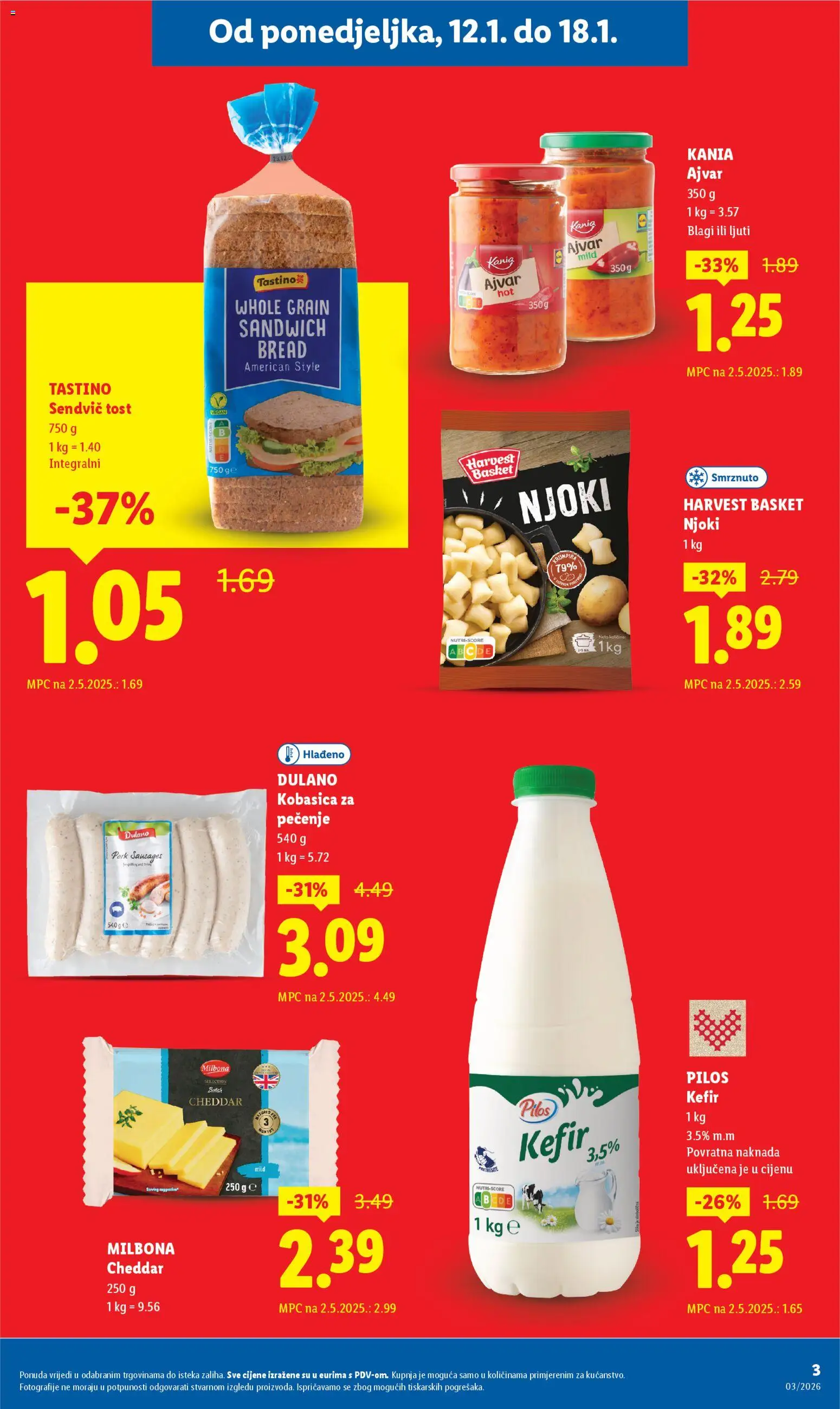 Lidl katalog | vrijedi od 12.01.2026 | Stranica: 3 | Proizvodi: Toast, Ajvar, Kobasica, Kefir