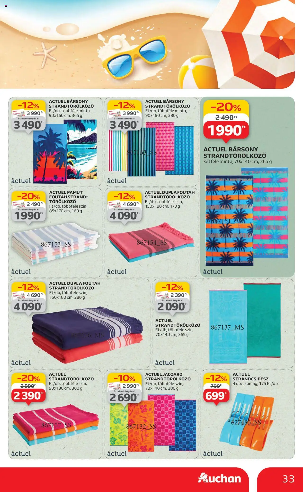 Auchan akciós ujság - amely érvényes a következő dátumtól: 19.06.2025 | Oldal: 33 | Termékek: Törölköző, Strandtörölköző