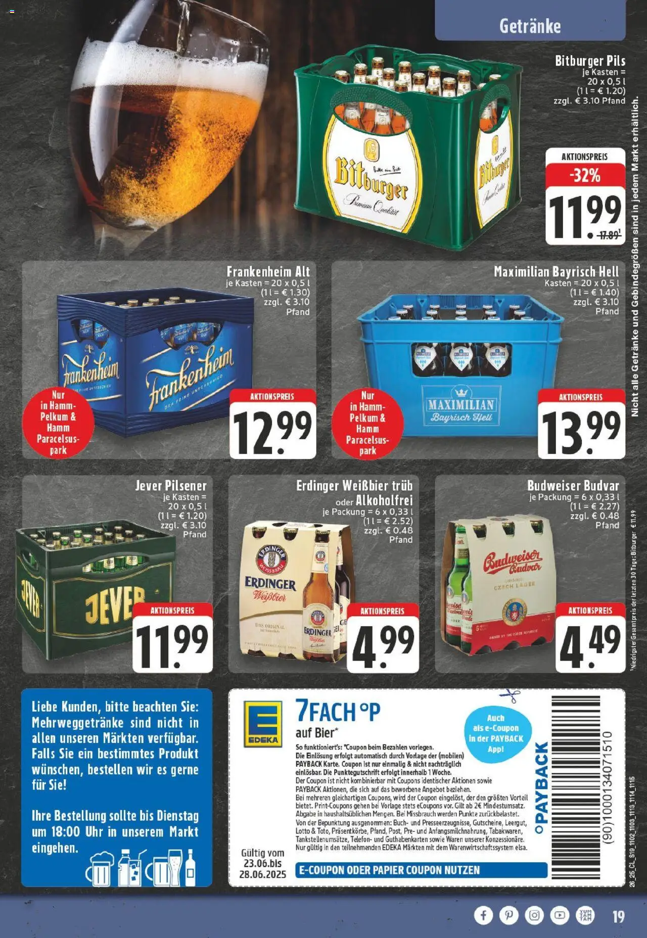 Edeka prospekt Hamm-Pelkum	 - gültig ab dem 22.06.2025 | Seite: 19 | Produkte: Bitburger, Pils, Jever, Budweiser