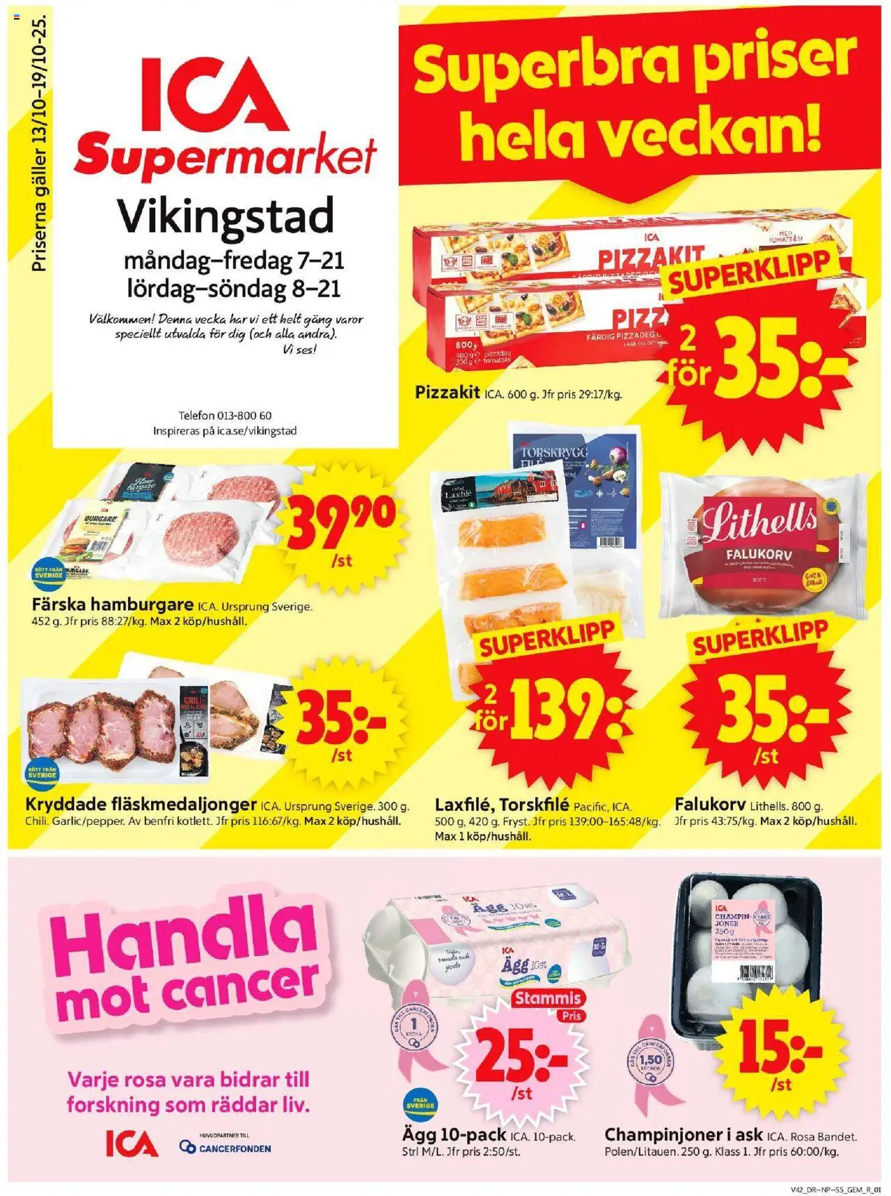 ICA Supermarket reklamblad aktuell från 13.10.2025 | Sida: 1 | Produkter: Ägg, Chili, Champinjoner, Telefon