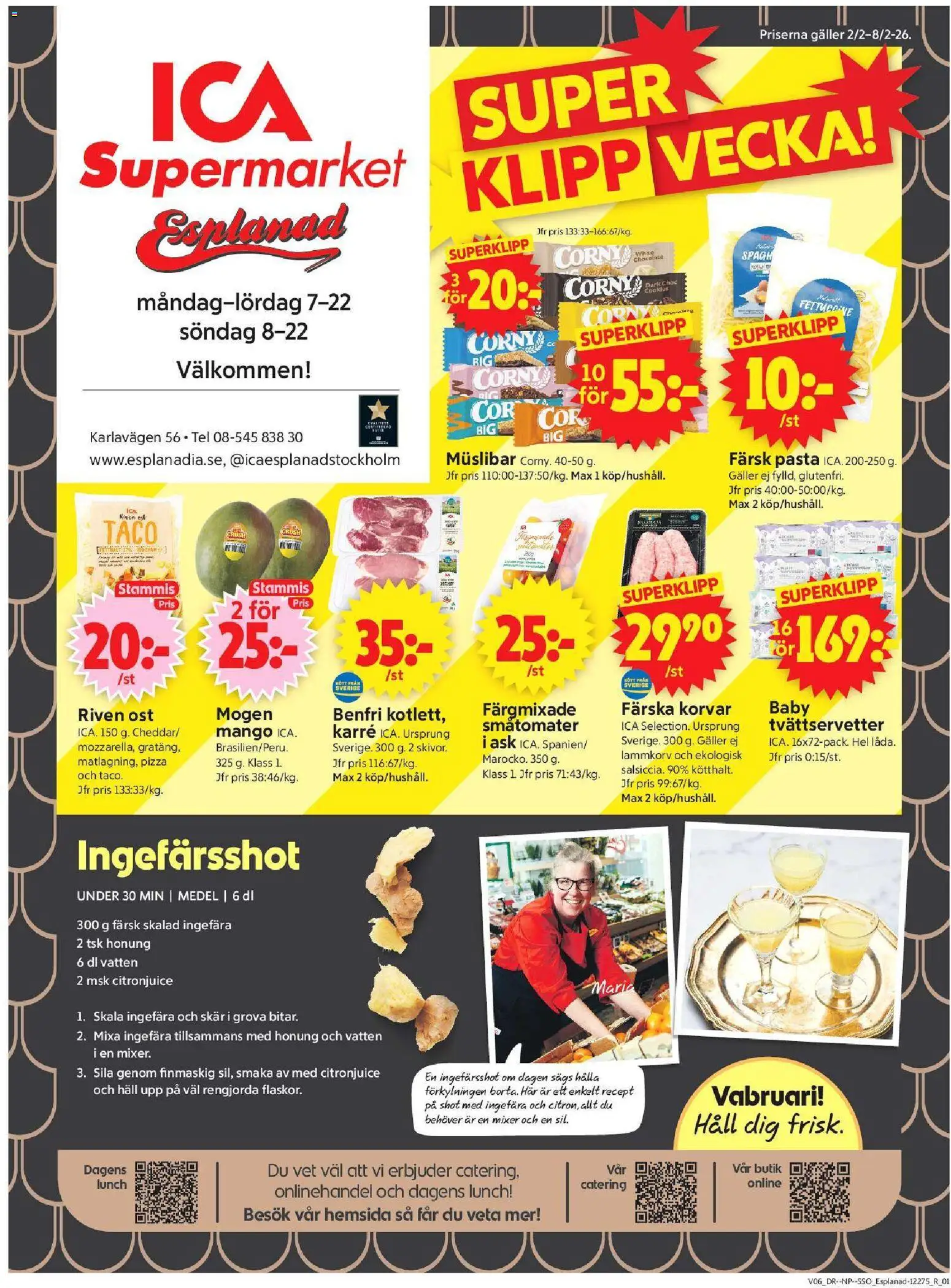 ICA Supermarket reklamblad aktuell från 02.02.2026 | Sida: 1 | Produkter: Galler, Riven ost, Pasta, Mango