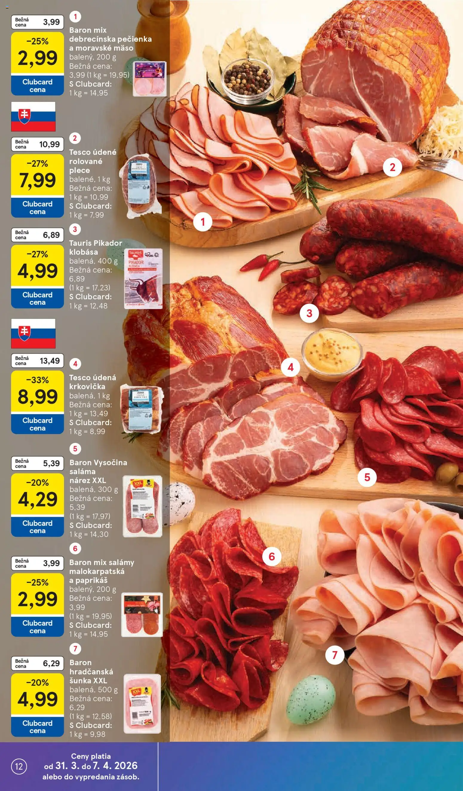 Nové Tesco akcie – leták je platný od 31.03.2026 | Strana: 12 | Produkty: Saláma, Šunka, Klobása, Krkovička