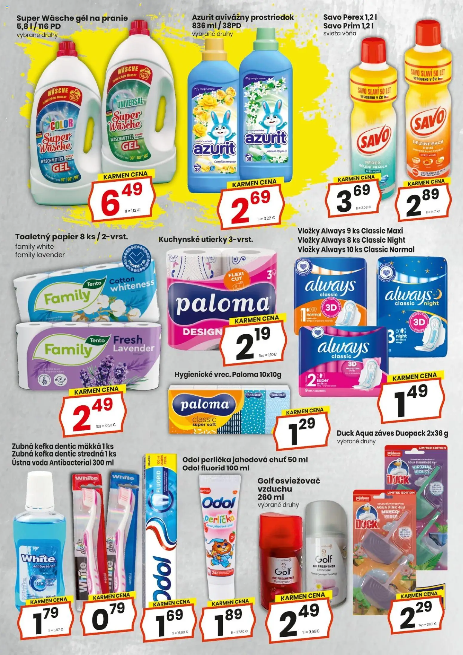 Nové KARMEN CBA akcie – leták je platný od 20.11.2025 | Strana: 15 | Produkty: Zubná kefka, Toaletný papier, Ústna voda, Voda