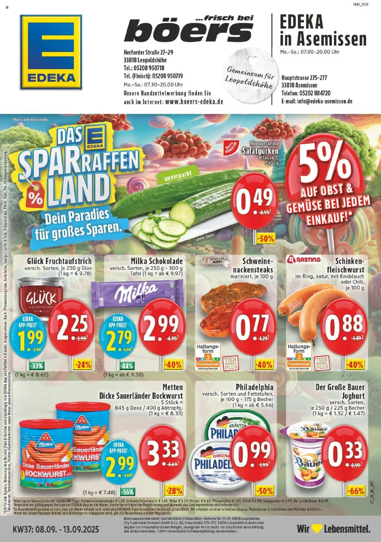Edeka prospekt Leopoldshöhe-Asemissen	 – gültig ab 07.09.2025 | Seite: 1 | Produkte: Bockwurst, Milka schokolade, Obst, Knoblauch