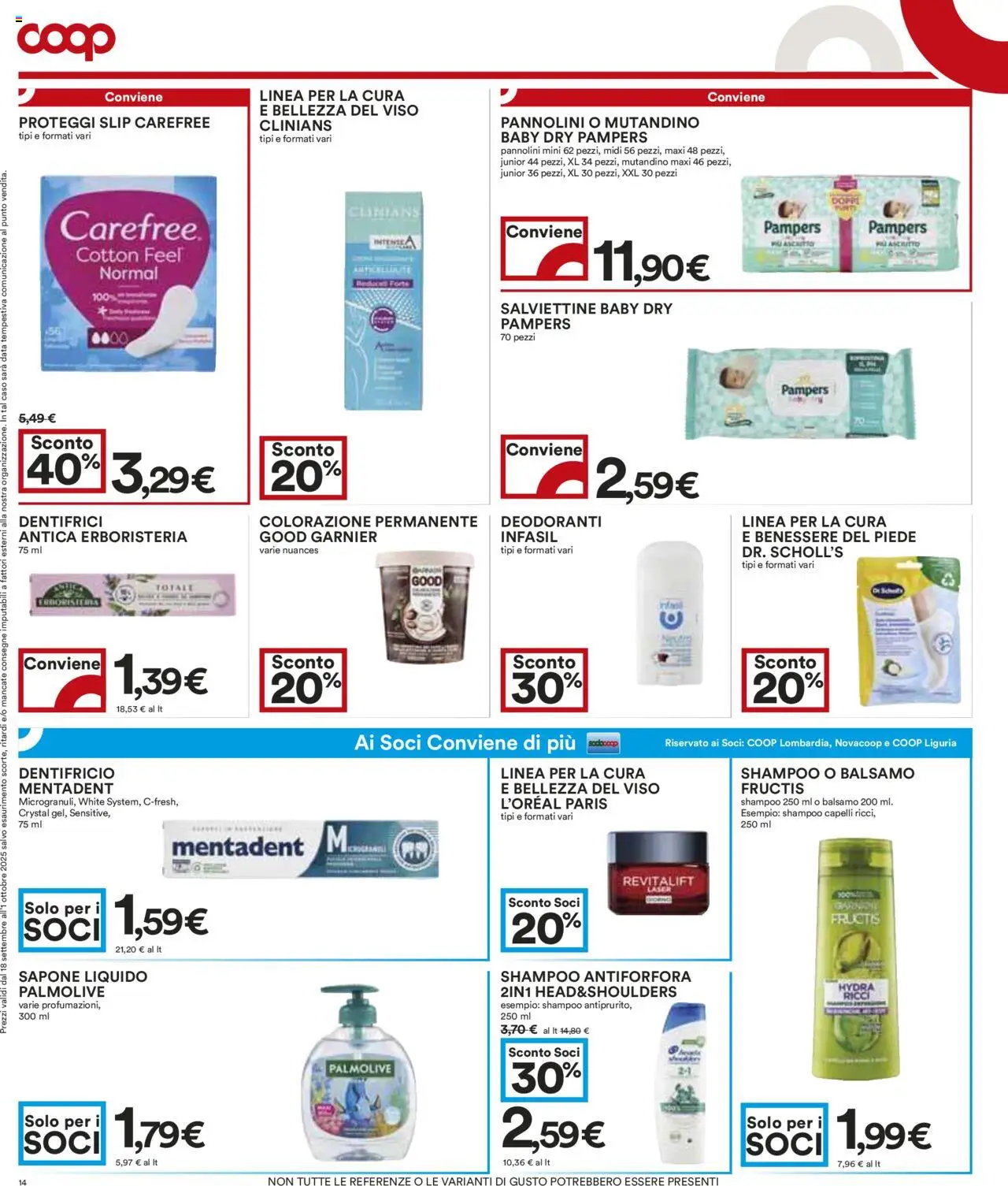 Volantino COOP del 18.09.2025 | Pagina: 14 | Prodotti: Shampoo, Pannolini, Dentifricio, Slip