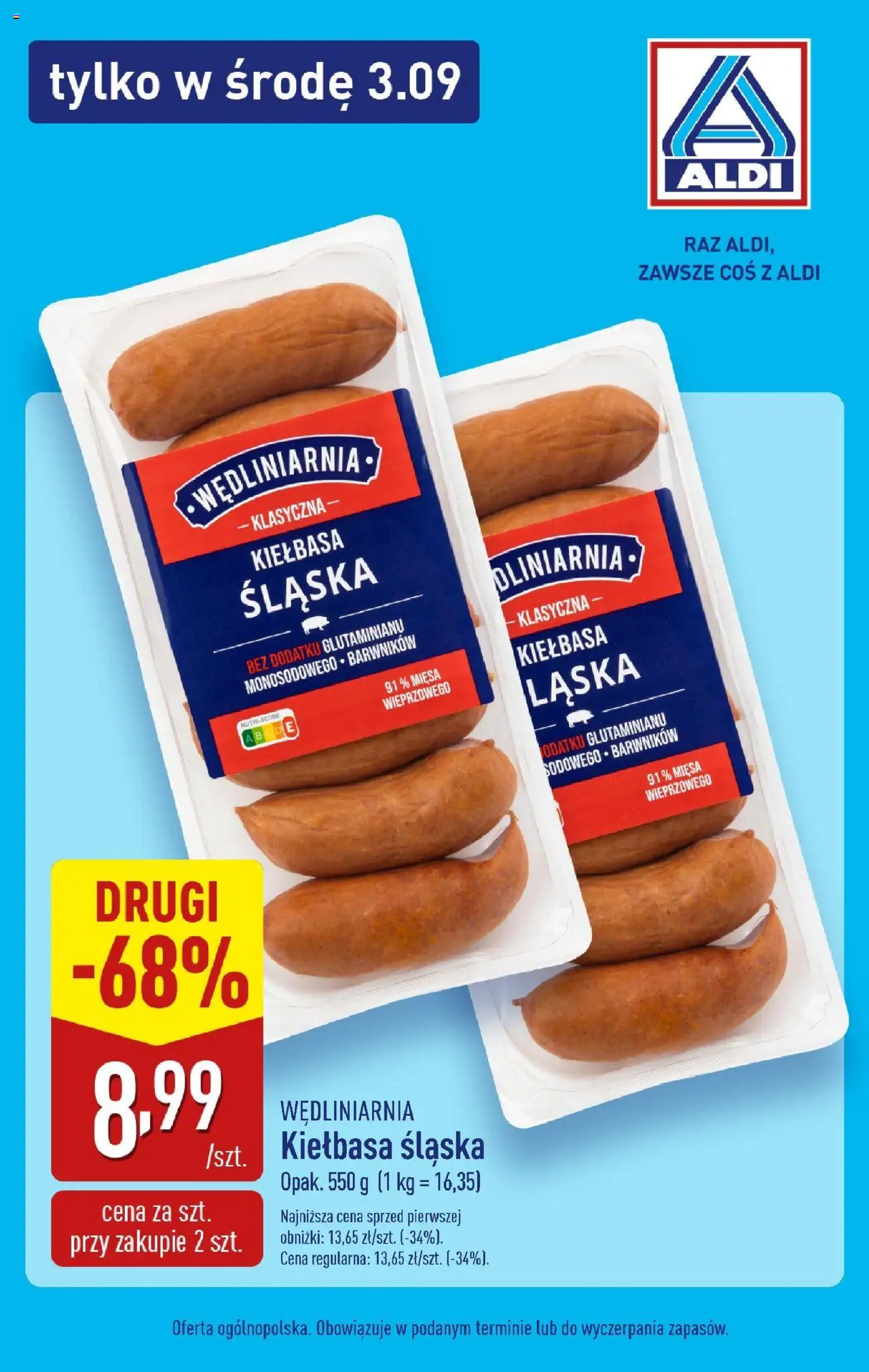 Aldi Gazetka - Tylko w środę od 03.09.2025 | Strona: 1 | Produkty: Kiełbasa, Kiełbasa śląska
