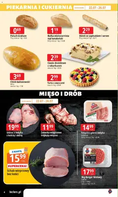 E.Leclerc Gazetka od 22.07.2025 | Strona: 4 | Produkty: Schab, Piersi, Piekarnia, Chleb