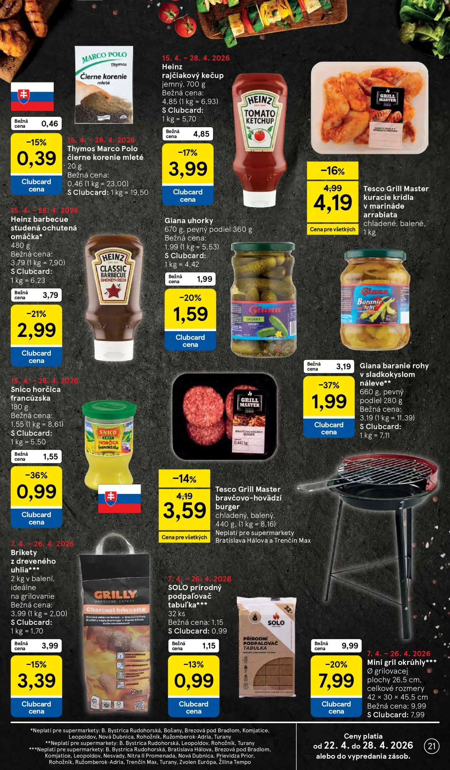 Nové Tesco akcie – leták je platný od 22.04.2026 | Strana: 21 | Produkty: Gril, Čierne korenie, Brikety