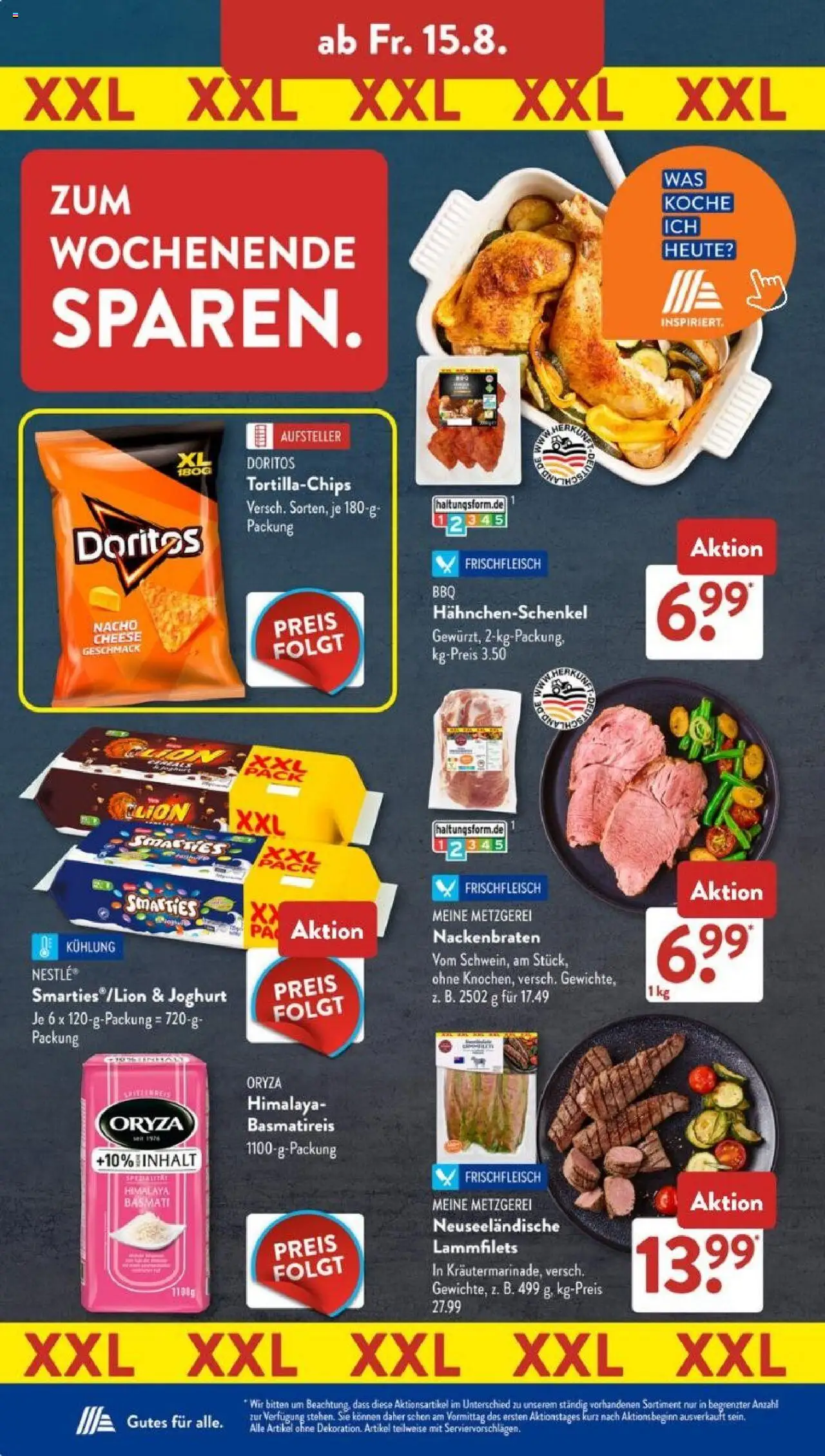 Aldi Süd Prospekt 	 - gültig ab dem 11.08.2025 | Seite: 16 | Produkte: Basmatireis, Hahnchenschenkel, Joghurt, Smarties