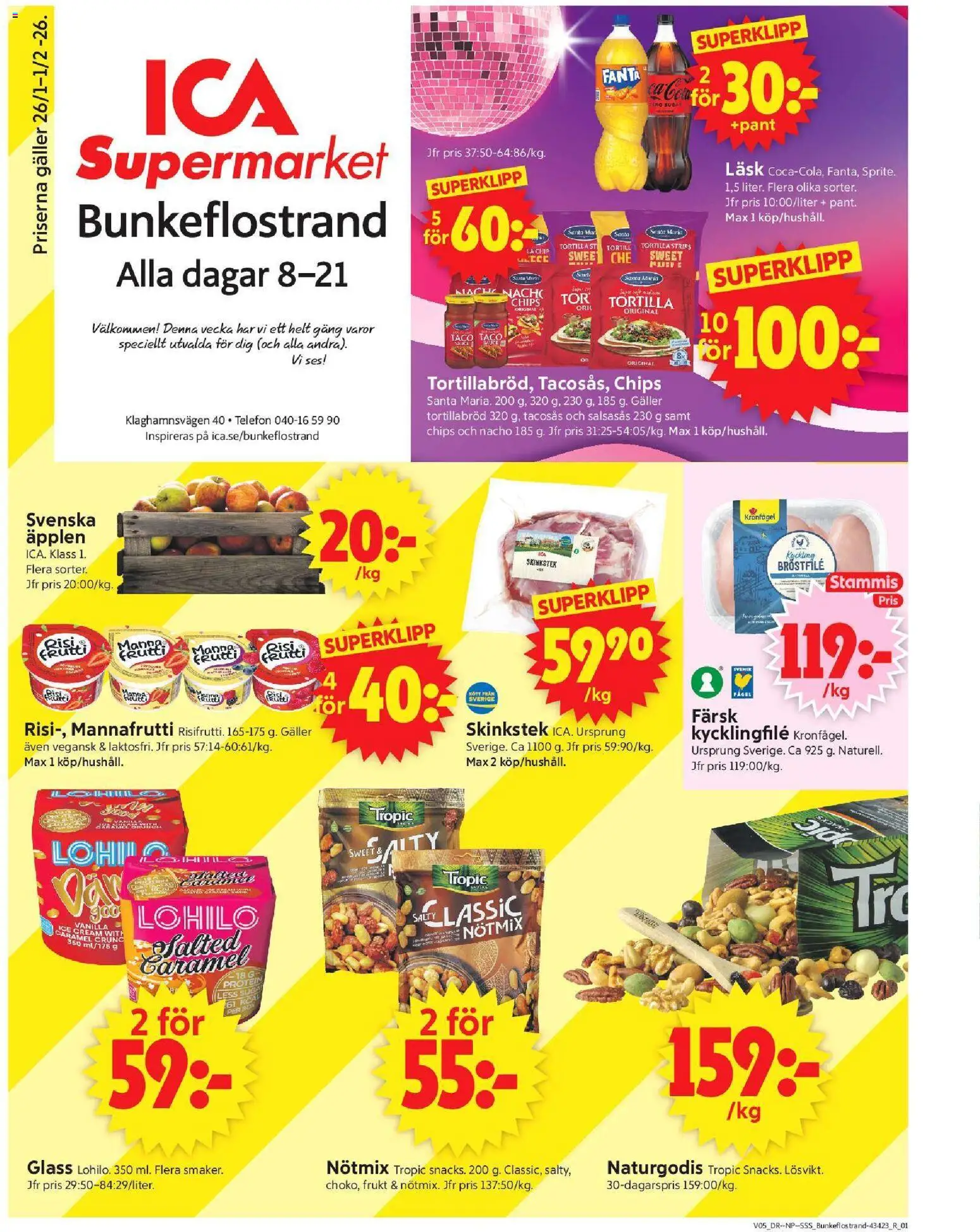 ICA Supermarket reklamblad aktuell från 26.01.2026 | Sida: 1 | Produkter: Tacosås, Kycklingfile, Äpplen, Glass