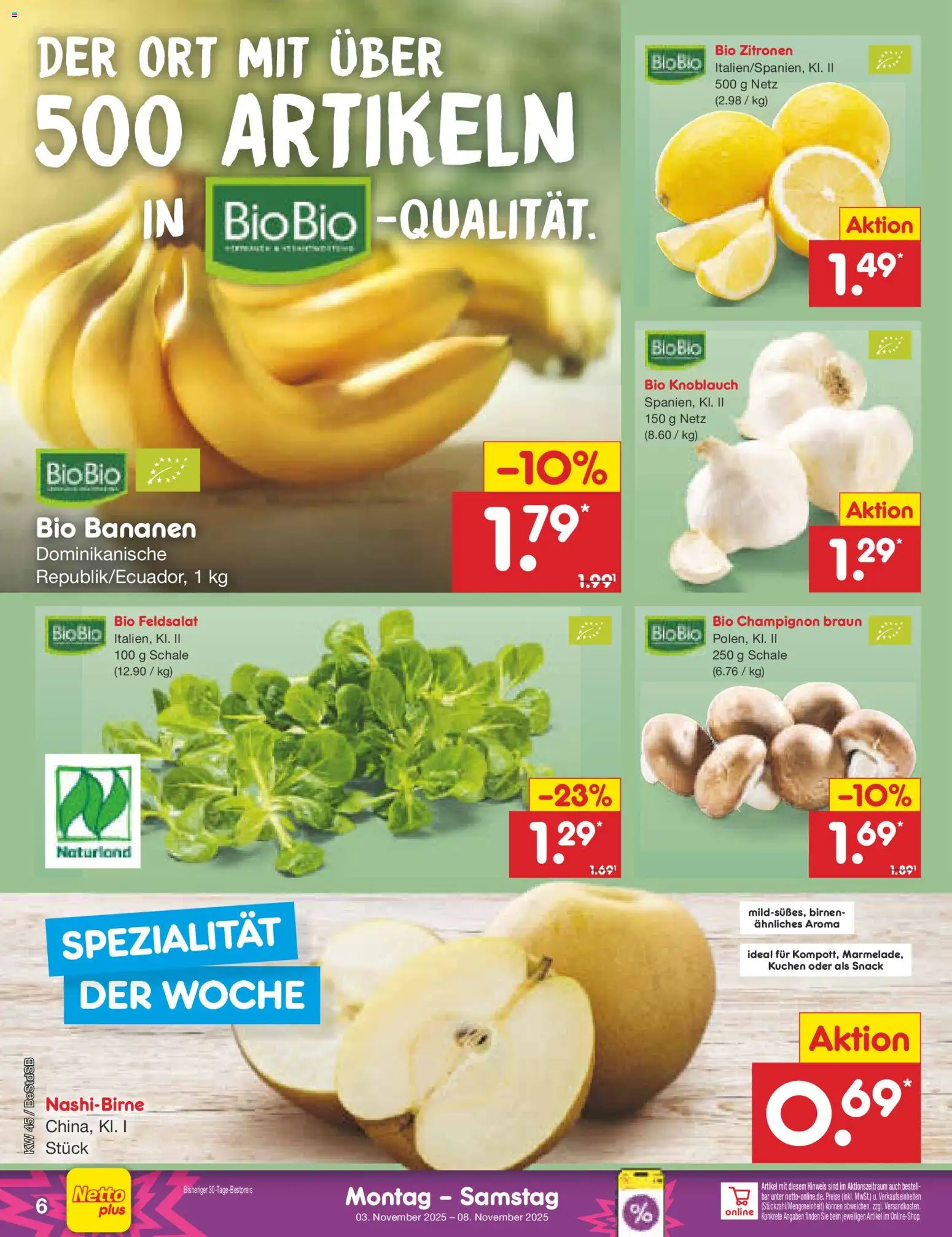 Netto Marken-Discount Prospekt 	 – gültig ab 03.11.2025 | Seite: 6 | Produkte: Bananen, Knoblauch, Kuchen, Zitronen