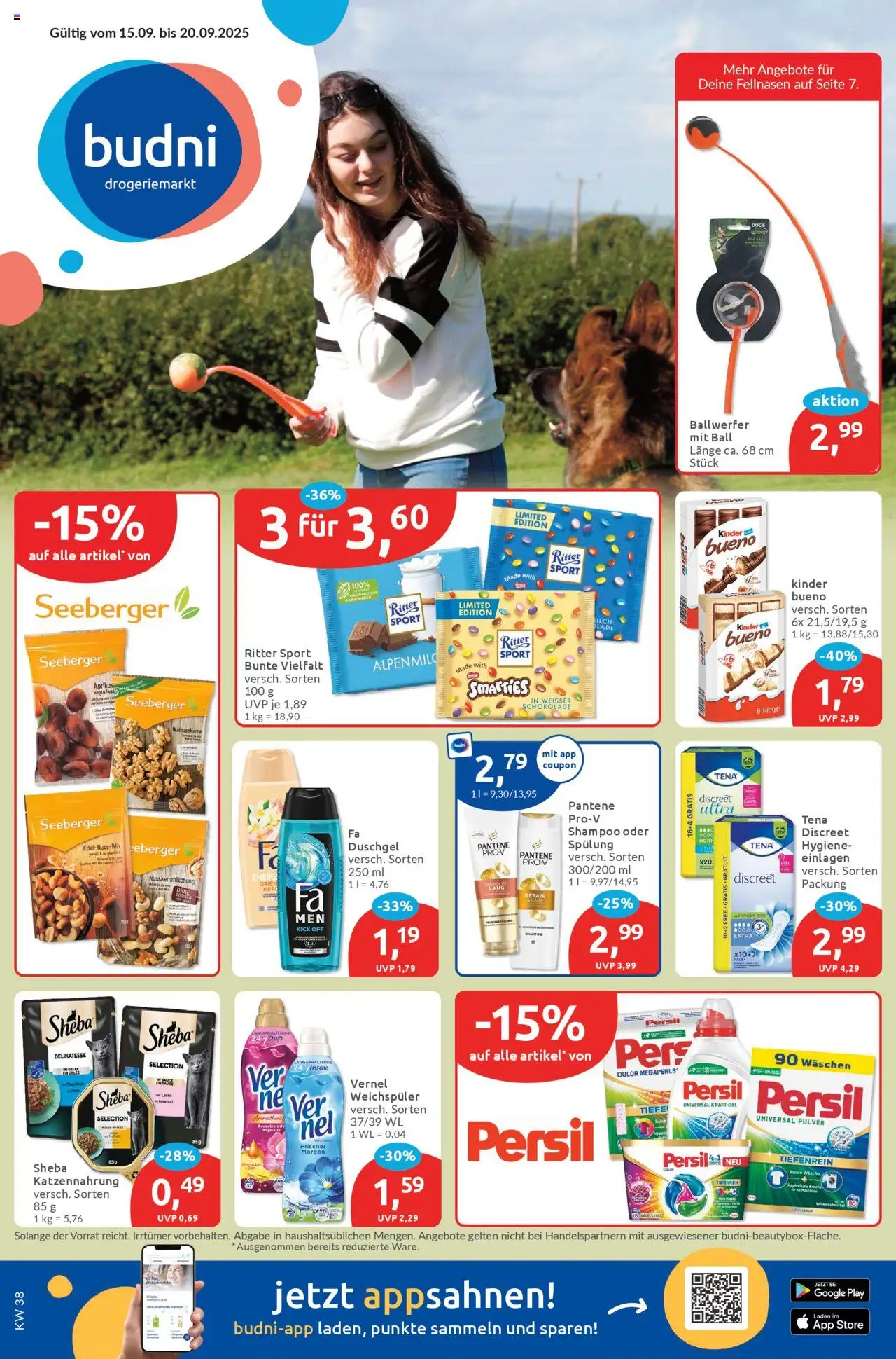 Budni Prospekt 	 – gültig ab 15.09.2025 | Seite: 1 | Produkte: Sheba, Schokolade, Duschgel, Persil