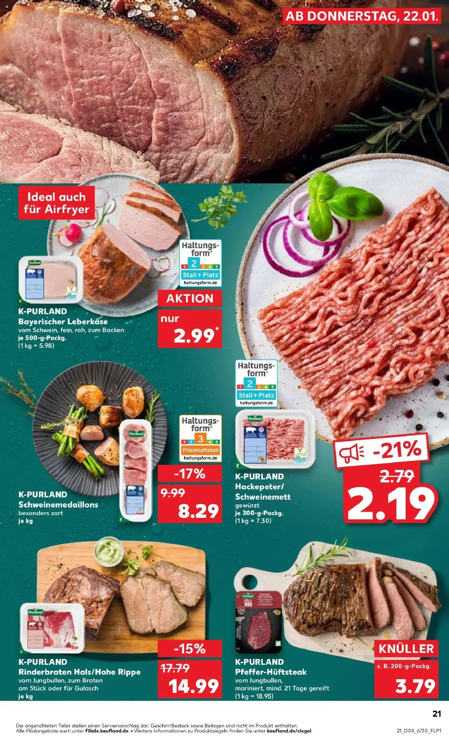 Kaufland prospekt Bad Langensalza	 – gültig ab 22.01.2026 | Seite: 21 | Produkte: Rinderbraten, Gulasch, Steak, Leberkase