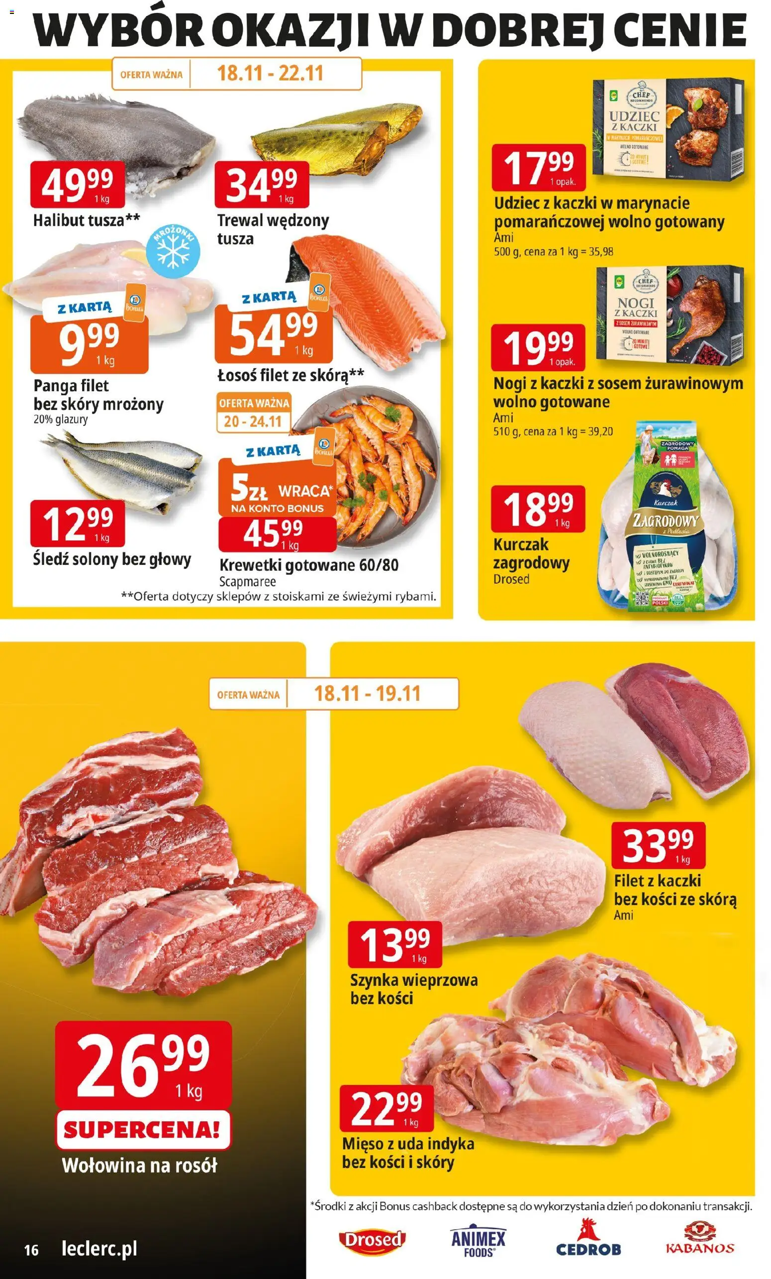 E.Leclerc Gazetka - Warszawa Ursynów od 18.11.2025 | Strona: 16 | Produkty: Karta, Filet z kaczki, Szynka wieprzowa, Łosoś