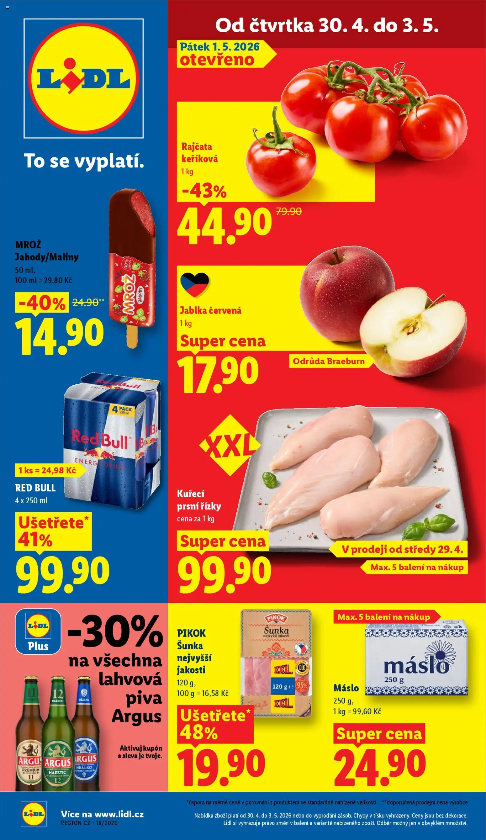 Lidl leták od 30.04.2026 | Strana: 1 | Produkty: Máslo, Jahody, Red Bull, Pikok