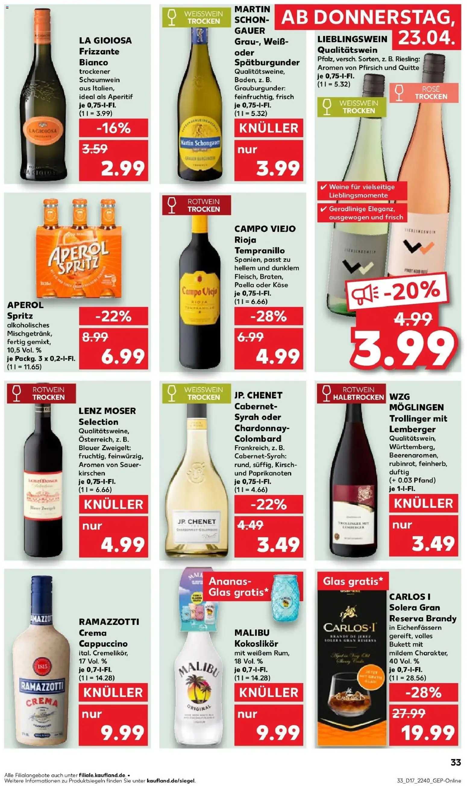 Kaufland Prospekt Hechingen	 – gültig ab 23.04.2026 | Seite: 33 | Produkte: Ananas, Ramazzotti crema, Kirschen, Aperol