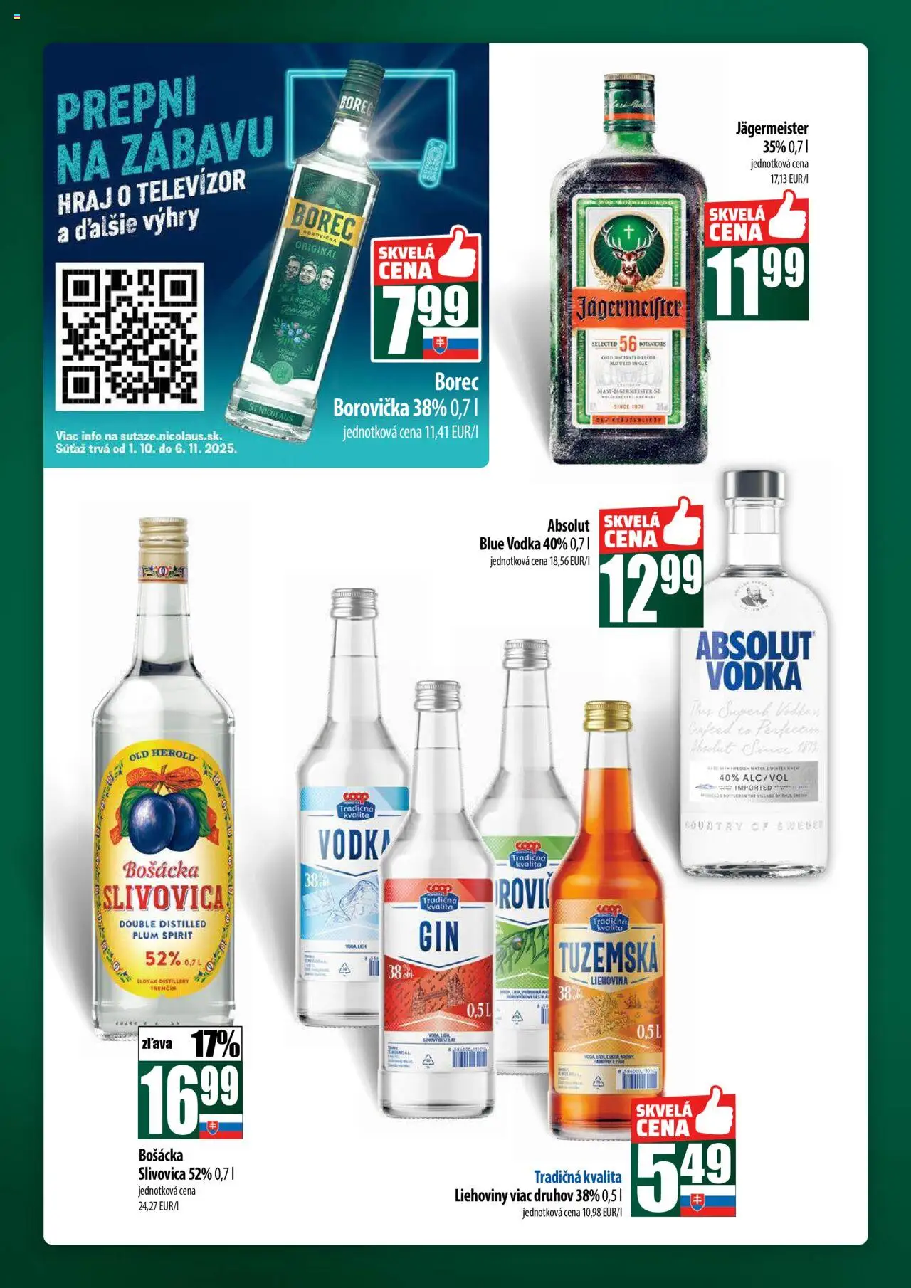 Nové COOP Jednota akcie – leták je platný od 16.10.2025 | Strana: 58 | Produkty: Borovička, Bošácka slivovica, Slivovica, Vodka