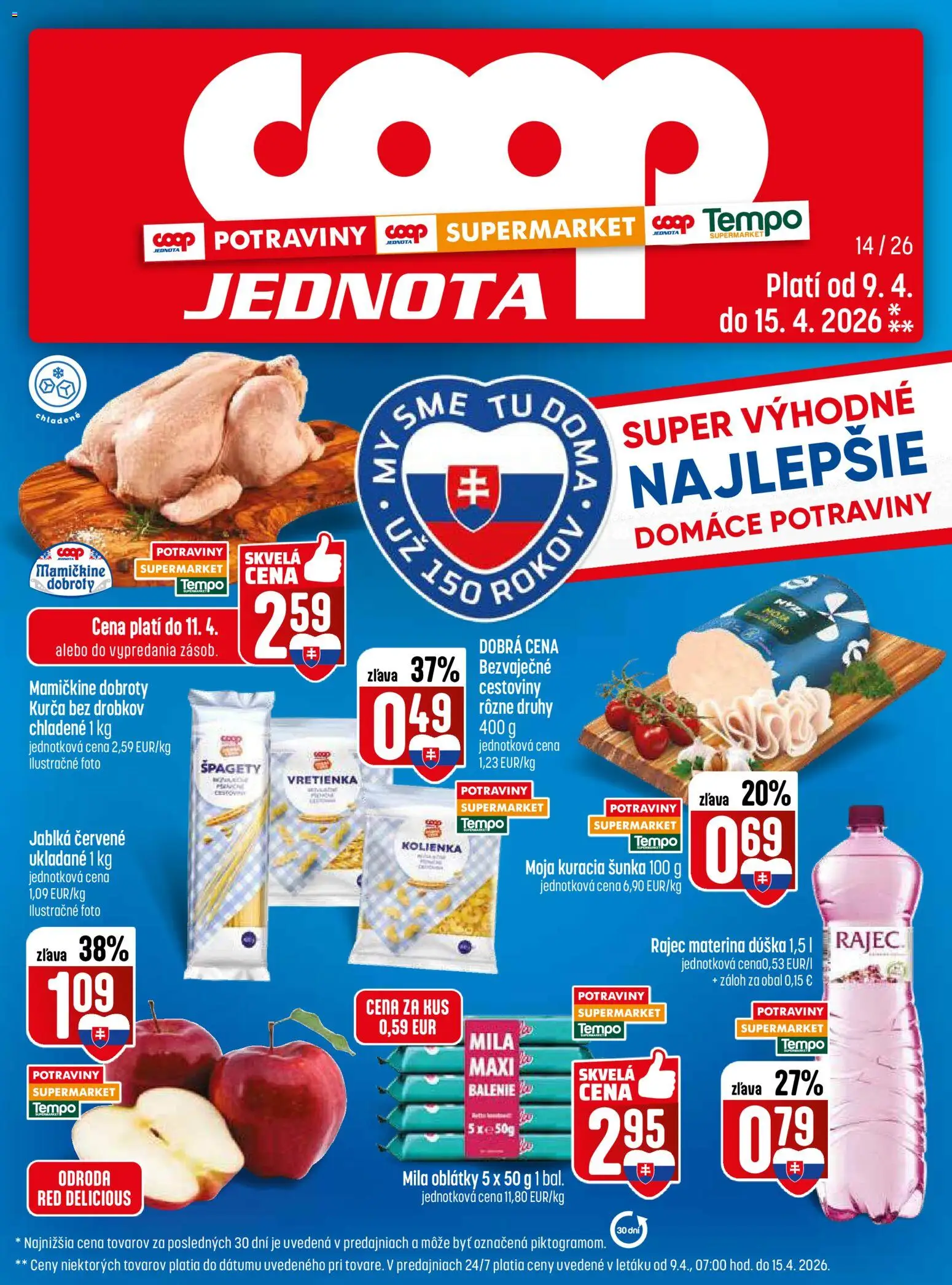Nové COOP Jednota akcie – leták je platný od 09.04.2026 | Strana: 1 | Produkty: Šunka, Jablká, Rajec, Mila
