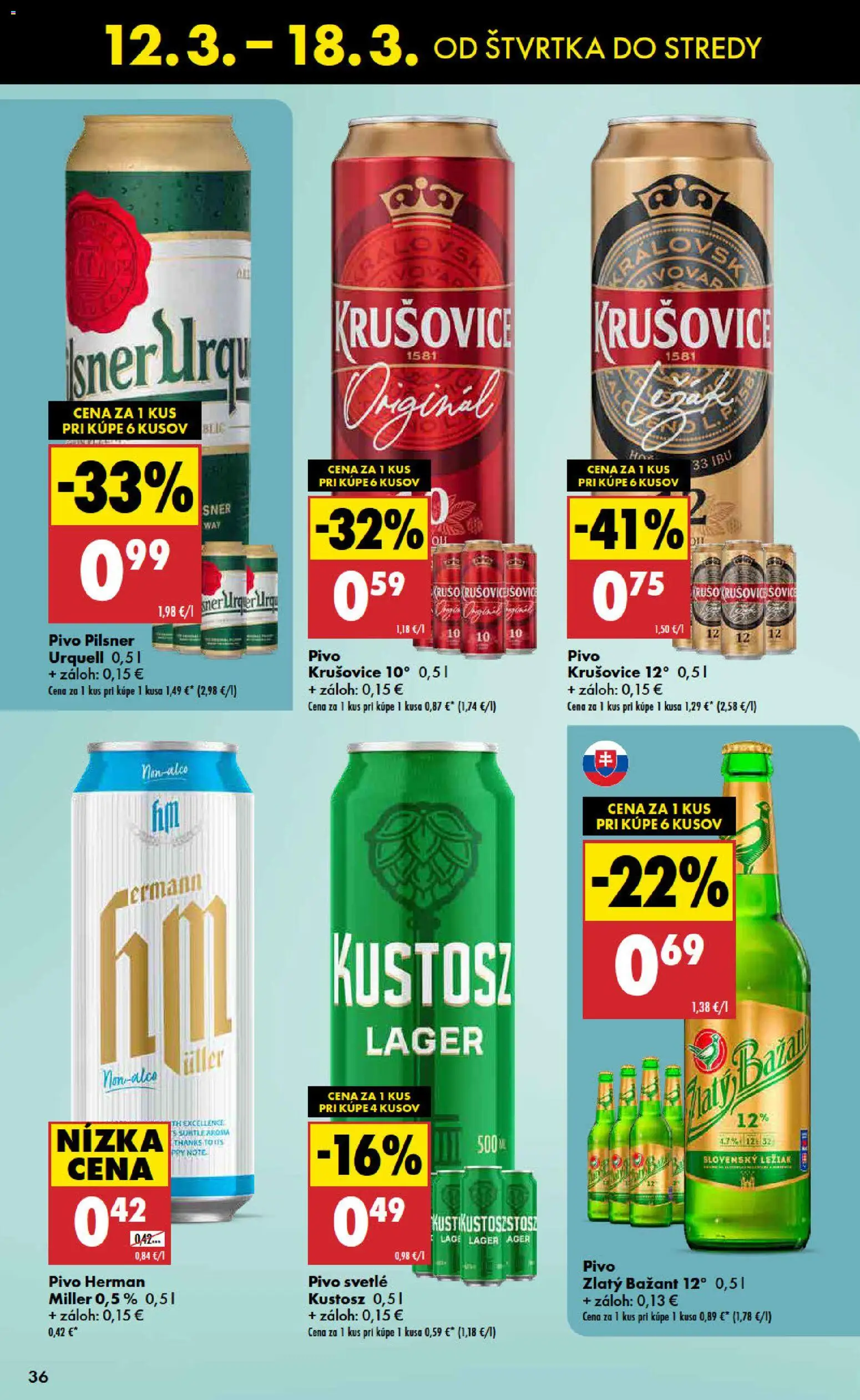 Nové Biedronka akcie – leták je platný od 12.03.2026 | Strana: 36 | Produkty: Pivo, Krušovice, Zlatý Bažant