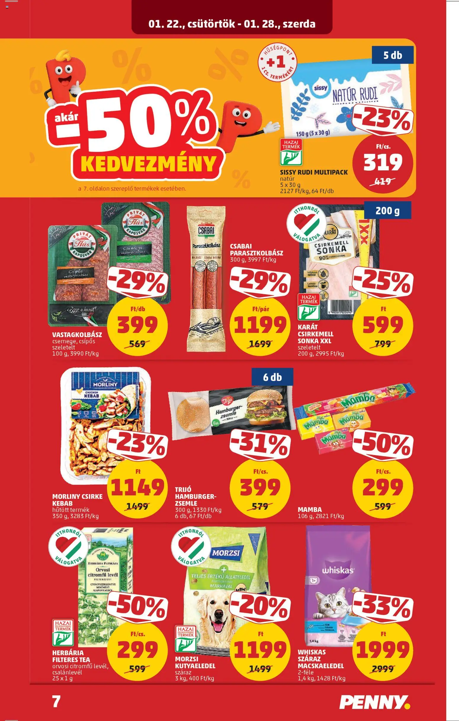 PENNY akciós ujság - amely érvényes a következő dátumtól: 22.01.2026 | Oldal: 11 | Termékek: Hamburger zsemle, Whiskas, Vastagkolbász, Csirkemell