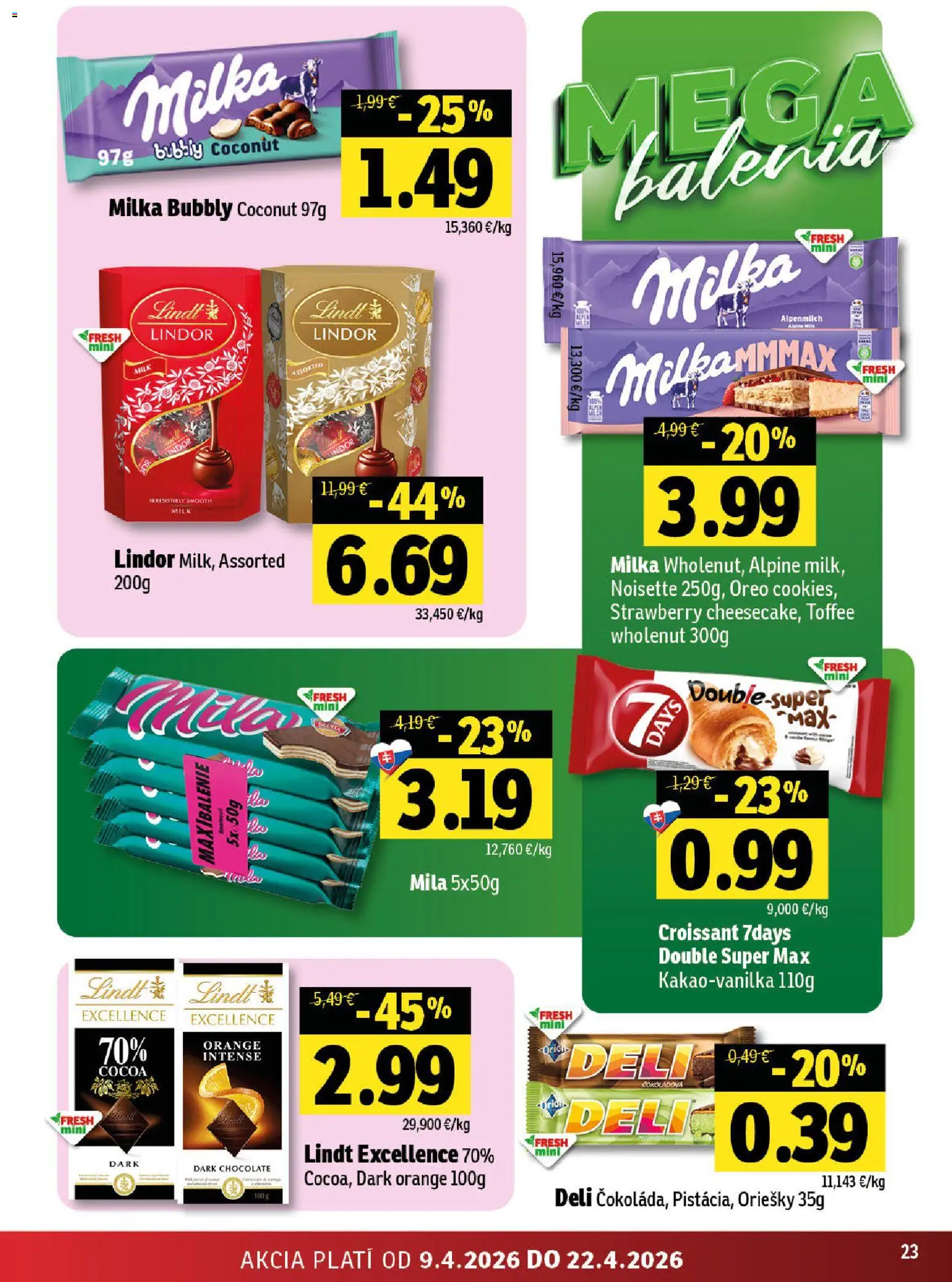 Nové Fresh akcie – leták je platný od 09.04.2026 | Strana: 23 | Produkty: Croissant, Lindt, Mila, Milka
