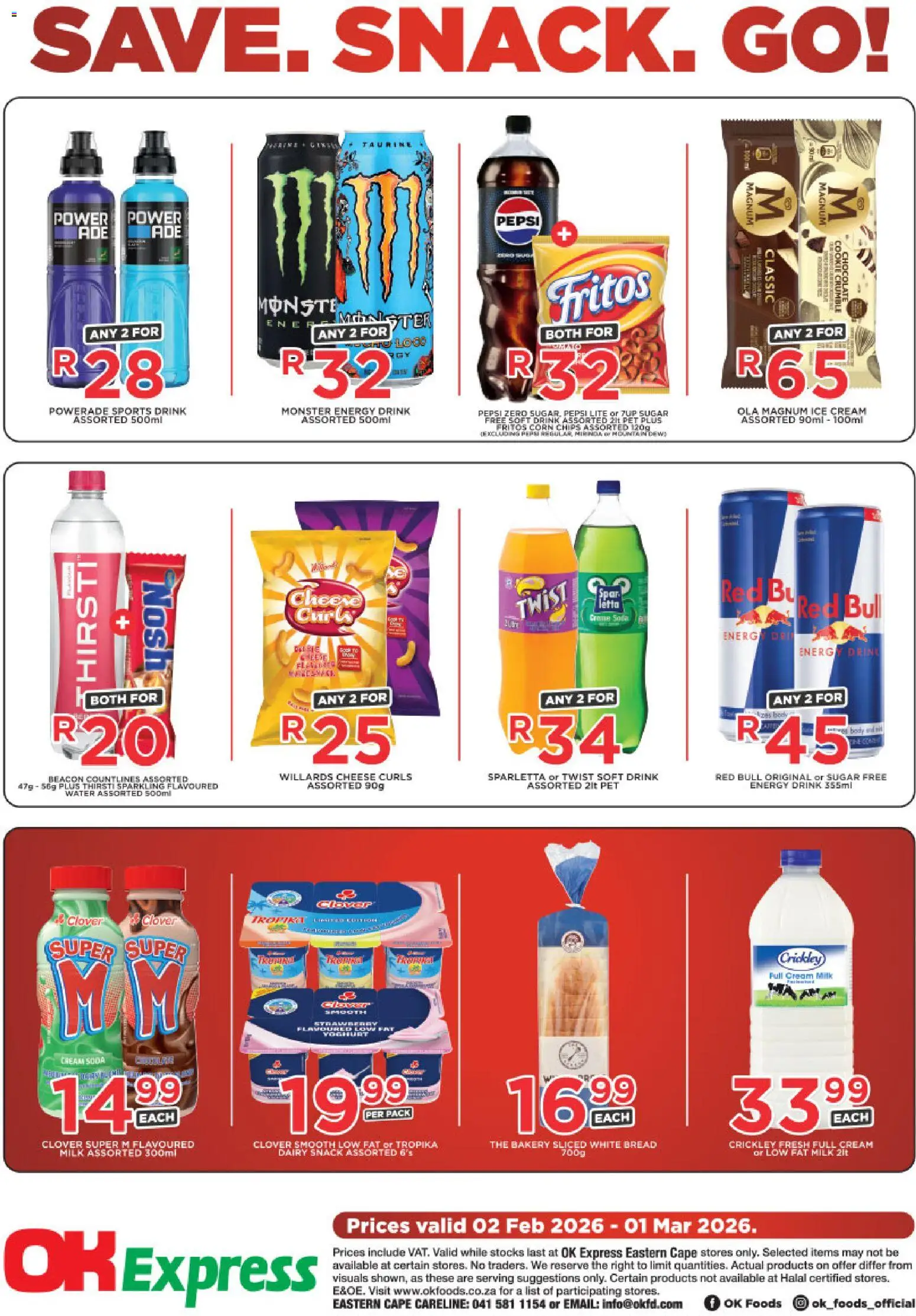 New OK Foods catalogue – valid from 02.02.2026 | Page: 1 | Products: Bread, Chips, Water, Sugar