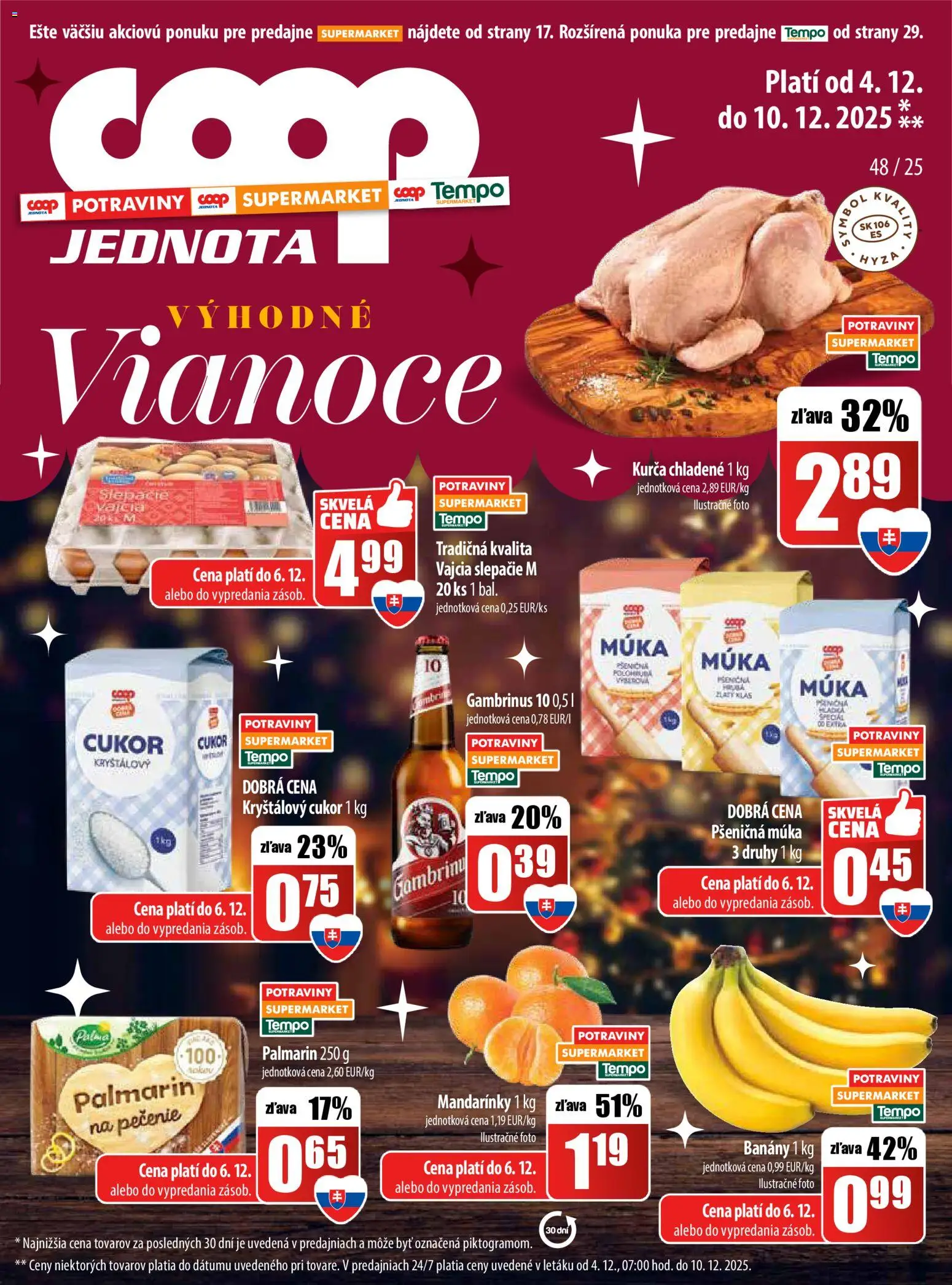 Nové COOP Jednota akcie – leták je platný od 04.12.2025 | Strana: 1 | Produkty: Vajcia, Banány, Cukor, Múka