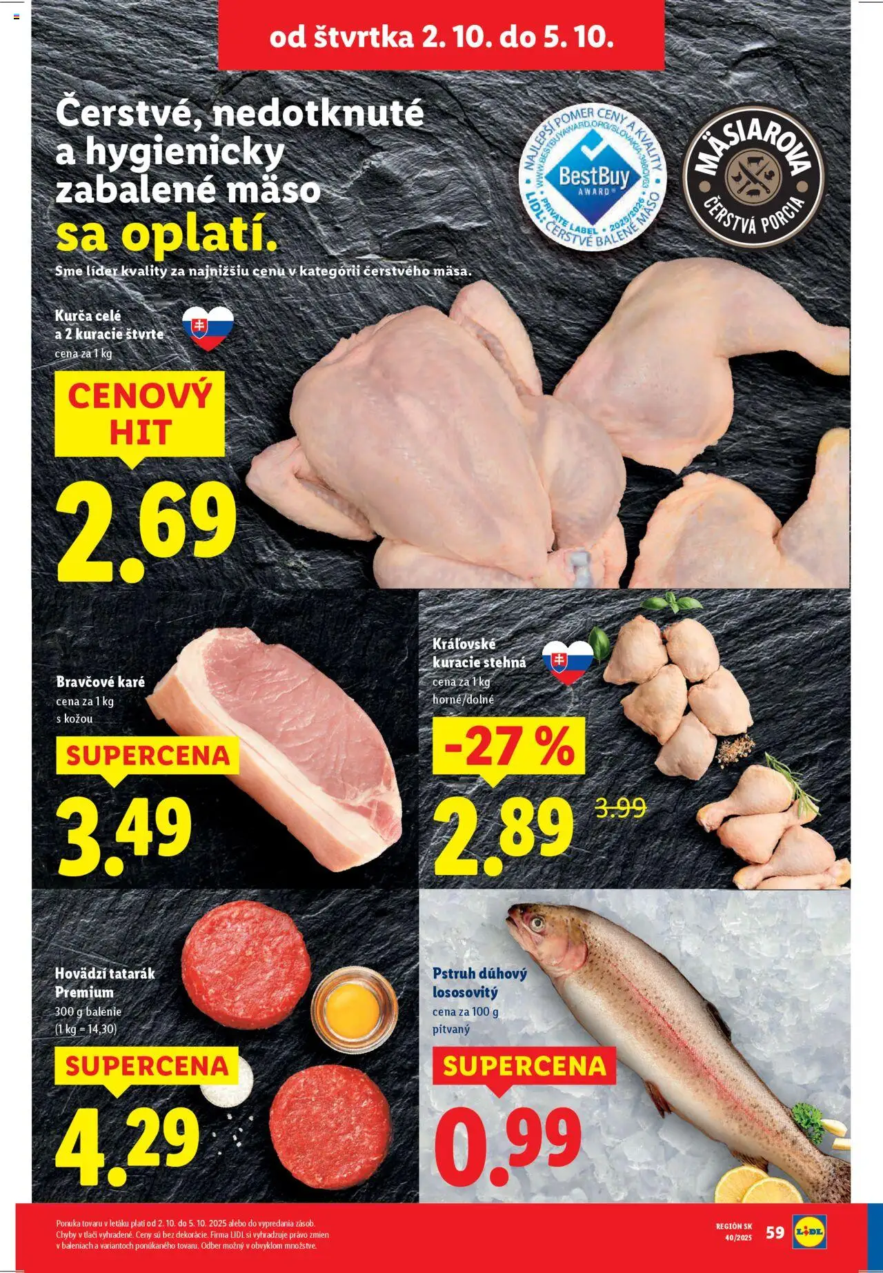 Nové Lidl akcie – leták je platný od 29.09.2025 | Strana: 65 | Produkty: Pstruh, Tatarák, Kurča, Bravčové karé