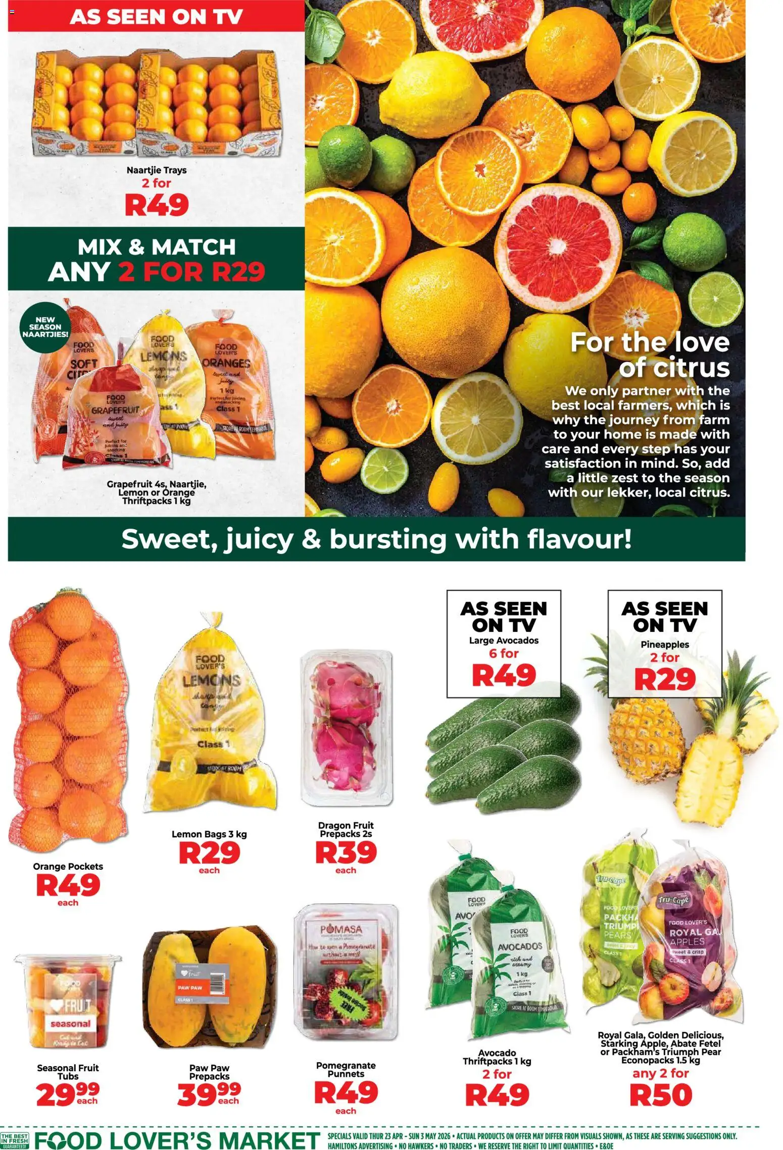 New Food Lover's Market catalogue – valid from 23.04.2026 | Page: 3 | Products: Pears, TV, Avocados, Lemon